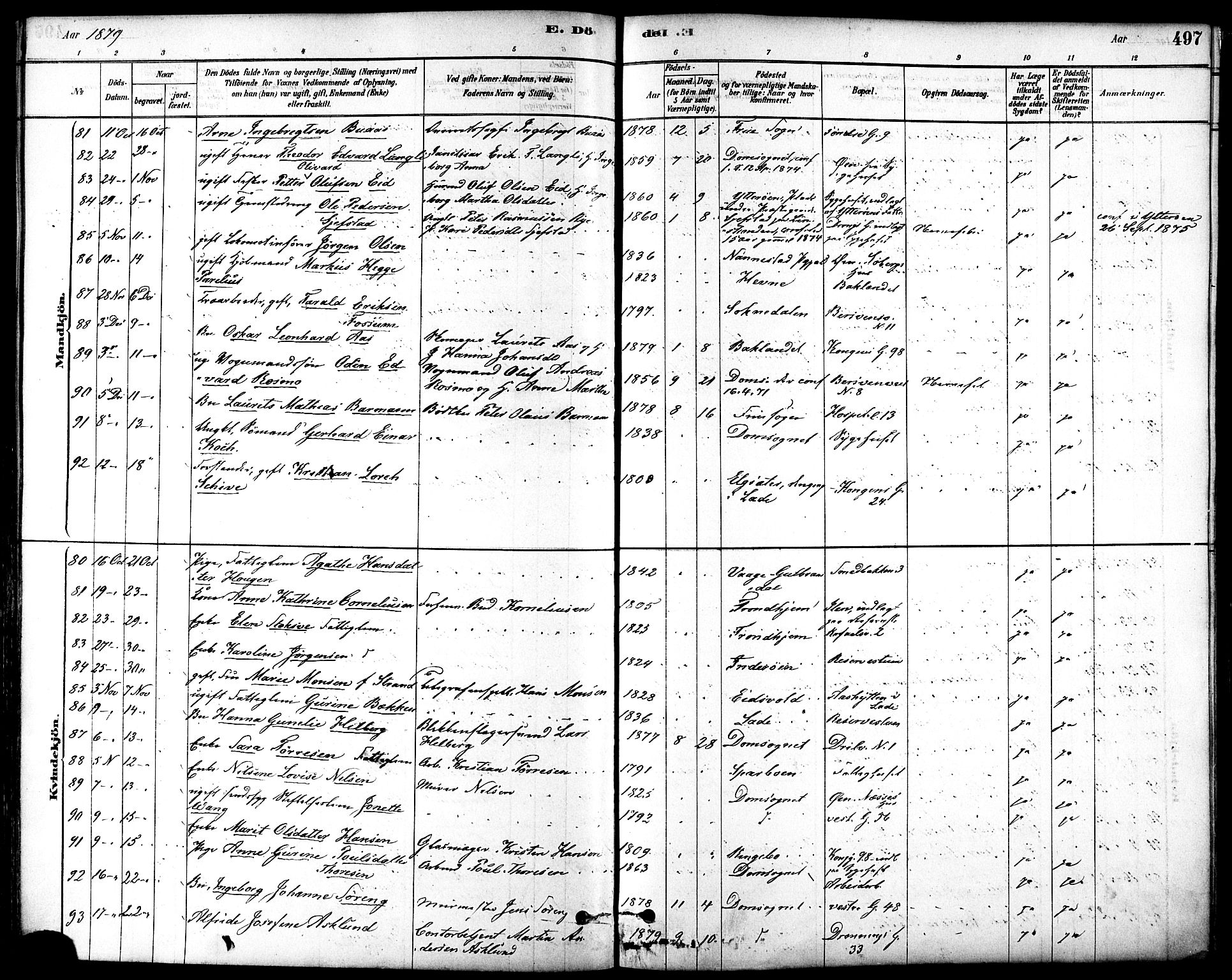 Ministerialprotokoller, klokkerbøker og fødselsregistre - Sør-Trøndelag, SAT/A-1456/601/L0058: Parish register (official) no. 601A26, 1877-1891, p. 497