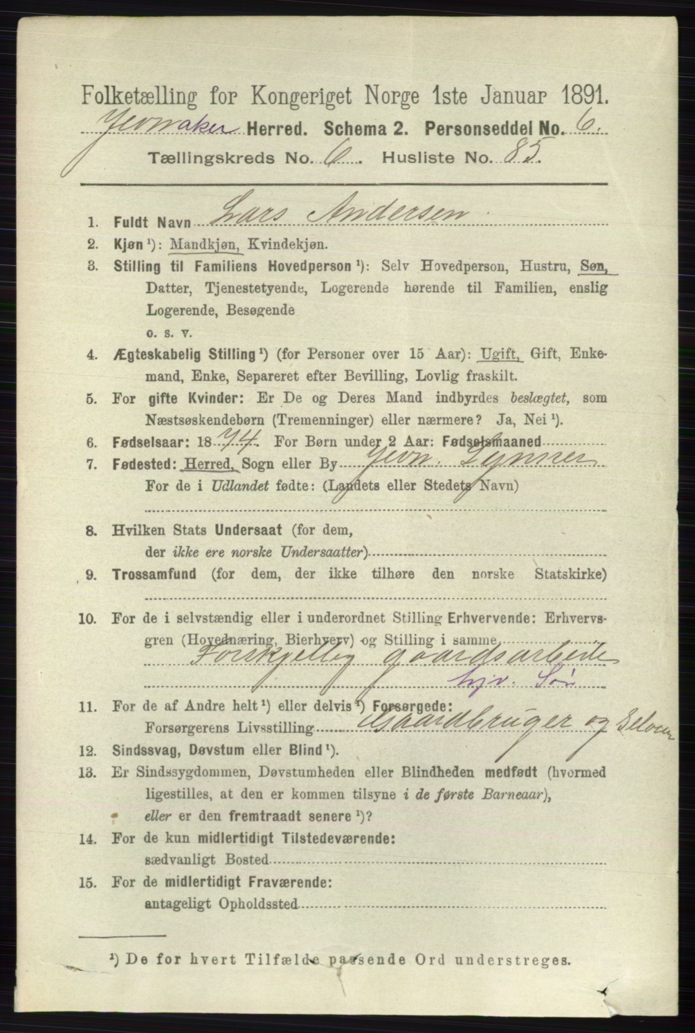 RA, 1891 census for 0532 Jevnaker, 1891, p. 3639