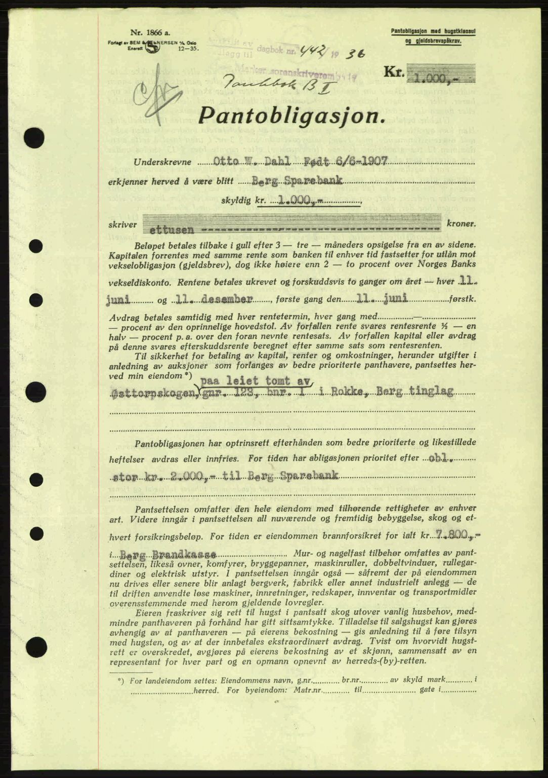 Idd og Marker sorenskriveri, AV/SAO-A-10283/G/Gb/Gbc/L0001: Mortgage book no. B1-3, 1936-1939, Diary no: : 442/1936