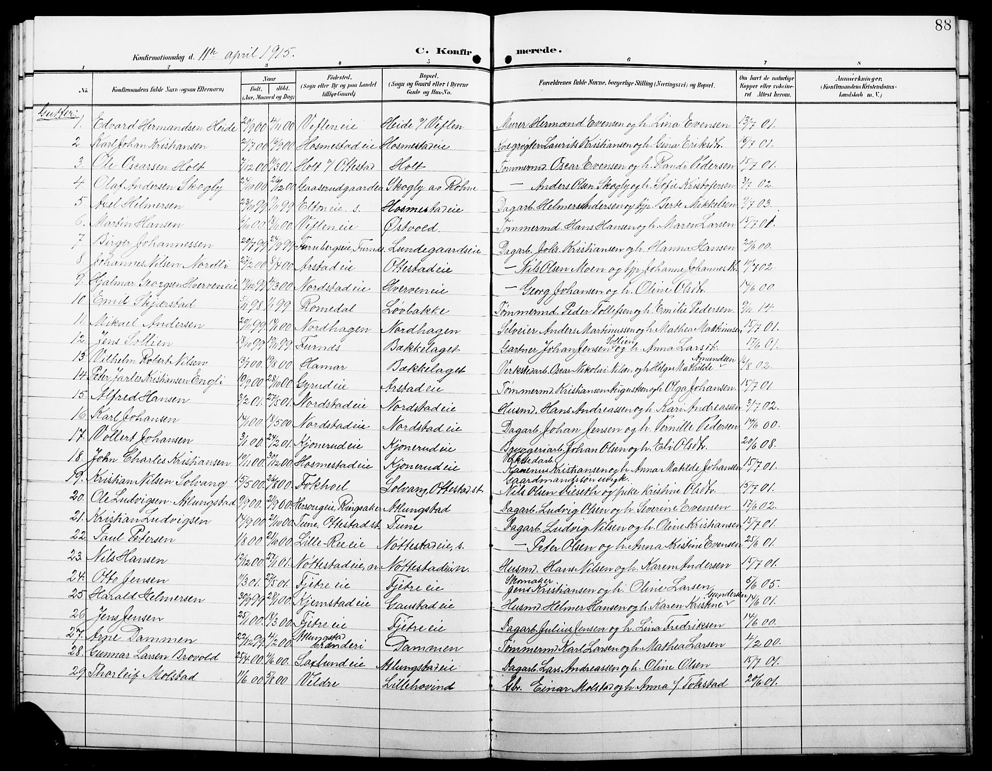 Stange prestekontor, SAH/PREST-002/L/L0013: Parish register (copy) no. 13, 1906-1915, p. 88