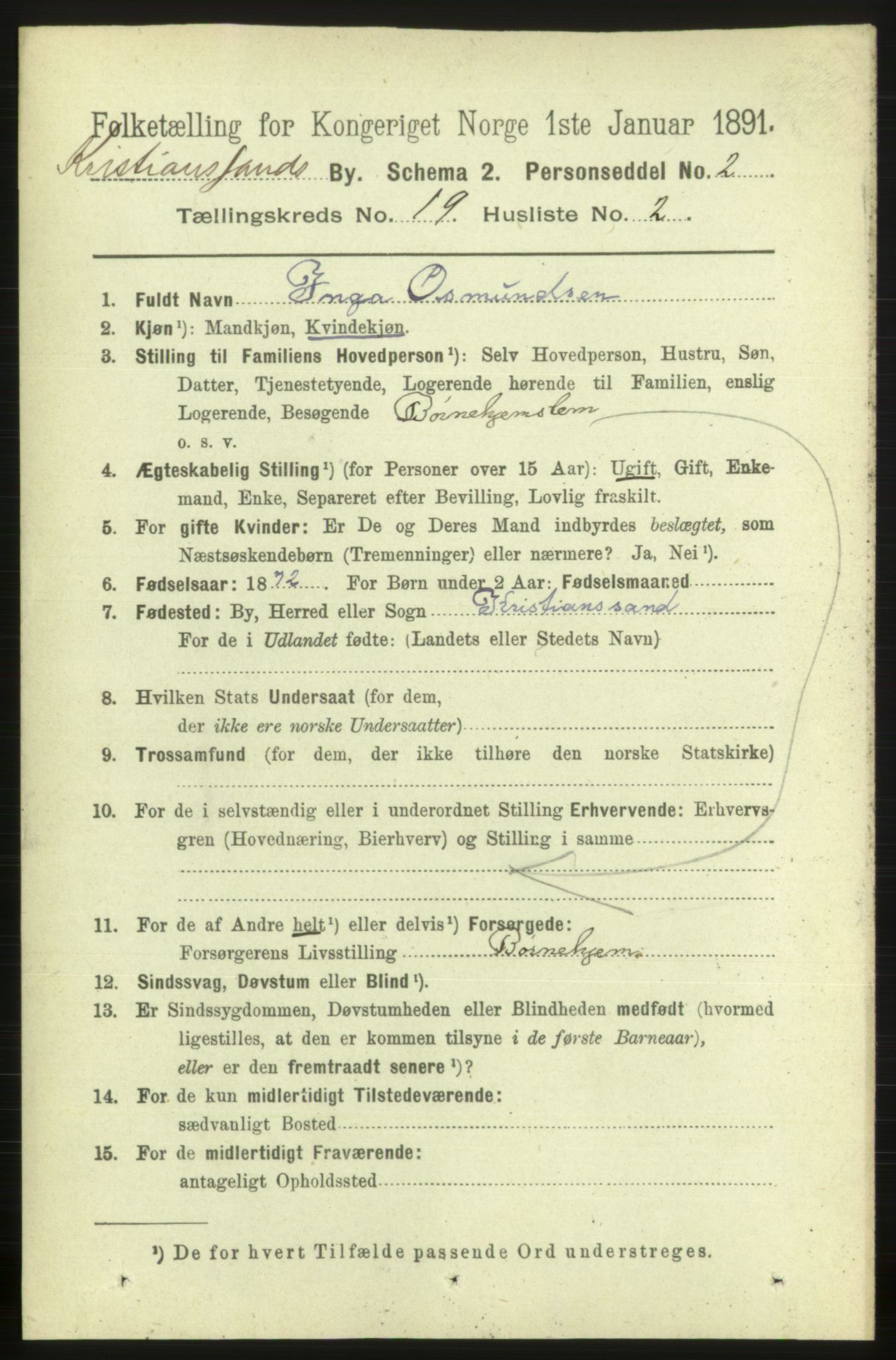 RA, 1891 census for 1001 Kristiansand, 1891, p. 7296