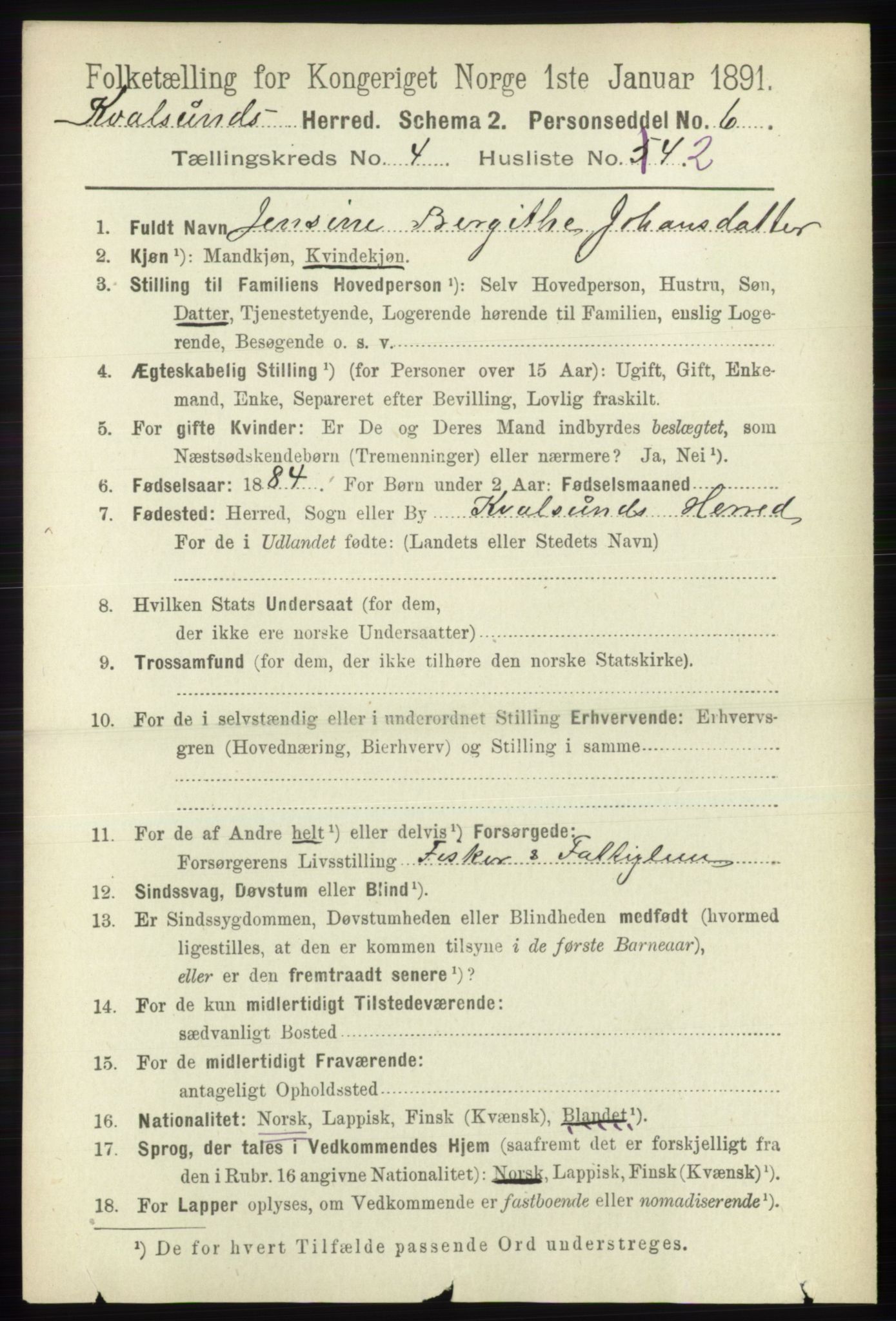 RA, 1891 census for 2017 Kvalsund, 1891, p. 449