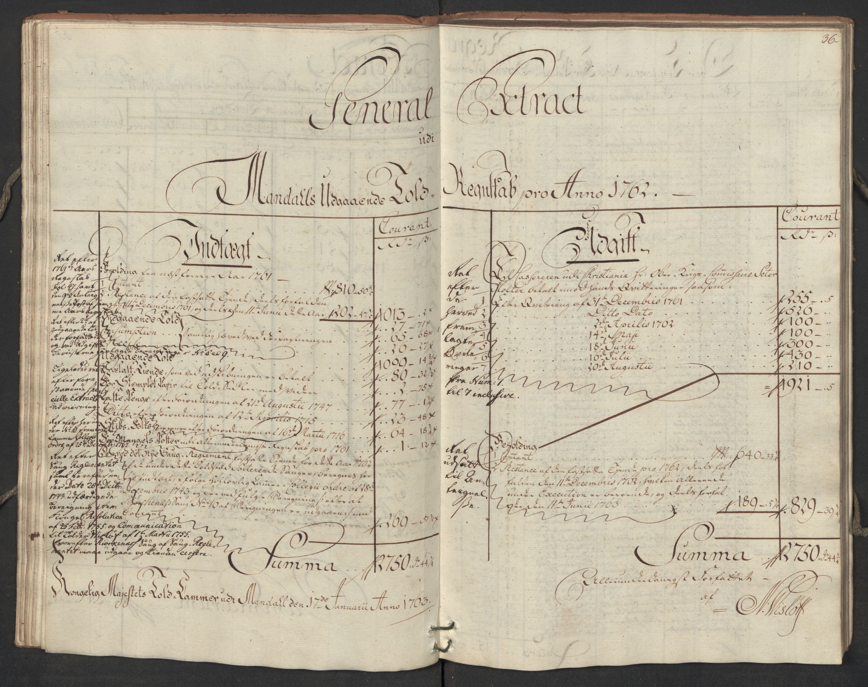 Generaltollkammeret, tollregnskaper, AV/RA-EA-5490/R17/L0023/0005: Tollregnskaper Mandal / Utgående hovedtollbok, 1762, p. 35b-36a