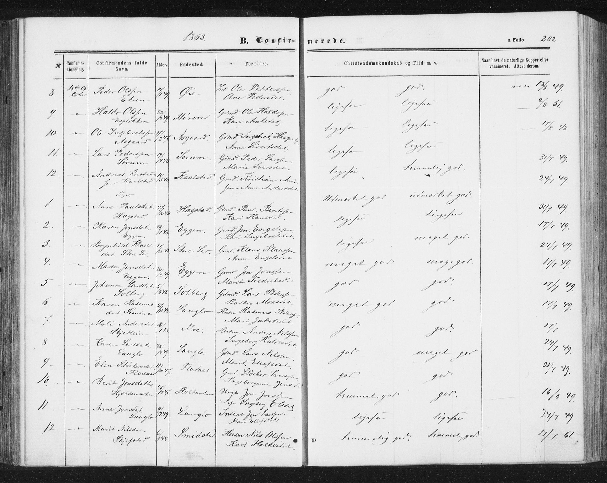 Ministerialprotokoller, klokkerbøker og fødselsregistre - Sør-Trøndelag, AV/SAT-A-1456/691/L1077: Parish register (official) no. 691A09, 1862-1873, p. 202