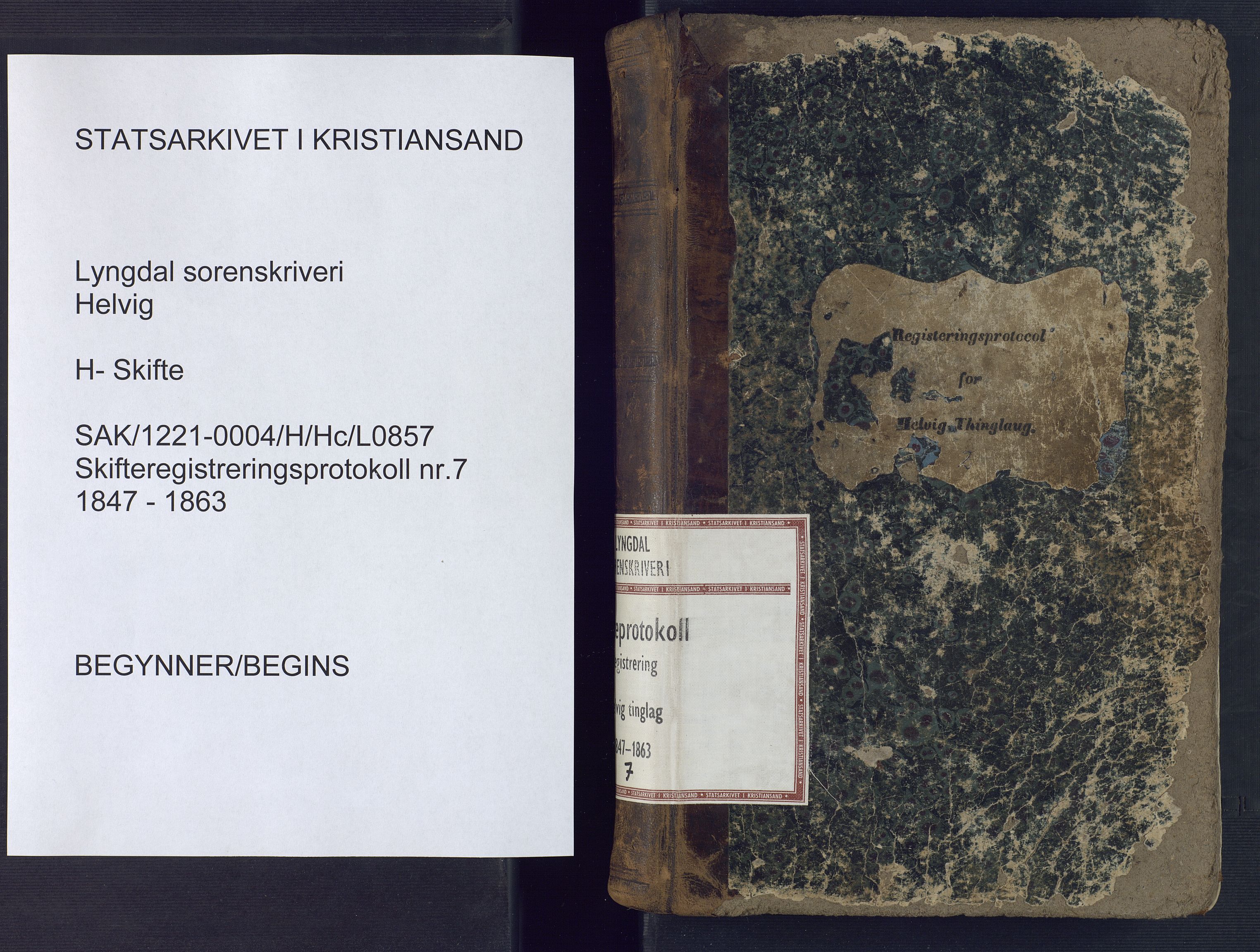 Lyngdal sorenskriveri, SAK/1221-0004/H/Hc/L0857: Skifteregistreringsprotokoll nr. 7, Helvig tinglag, 1847-1863