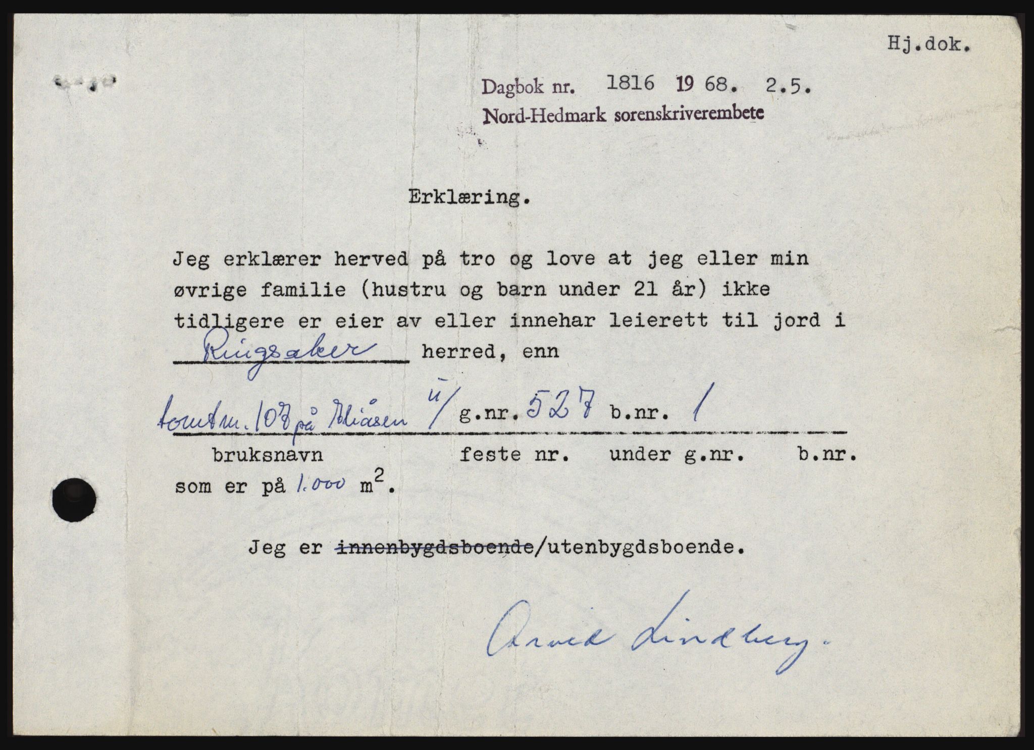 Nord-Hedmark sorenskriveri, SAH/TING-012/H/Hc/L0028: Mortgage book no. 28, 1968-1968, Diary no: : 1816/1968