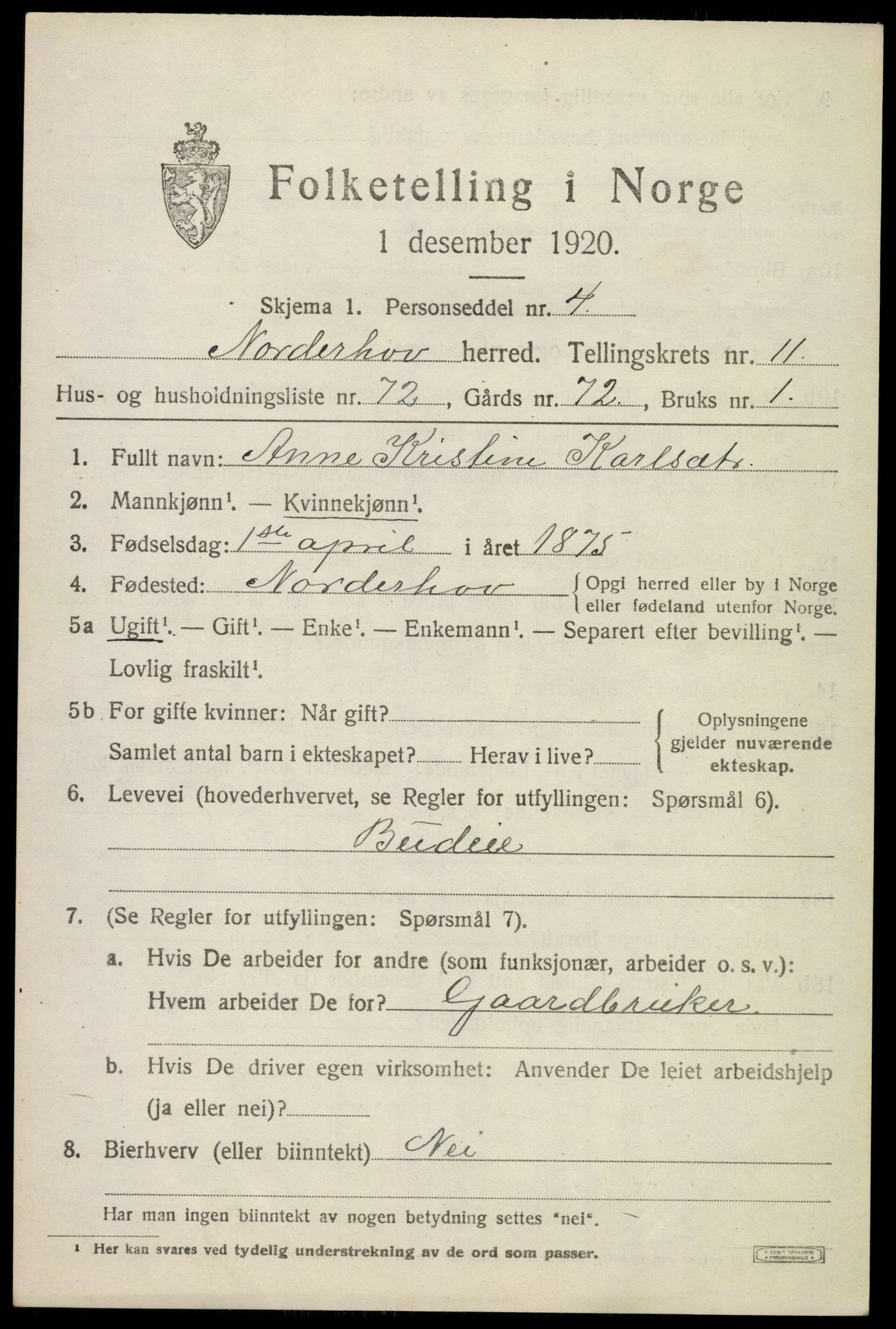 SAKO, 1920 census for Norderhov, 1920, p. 13604