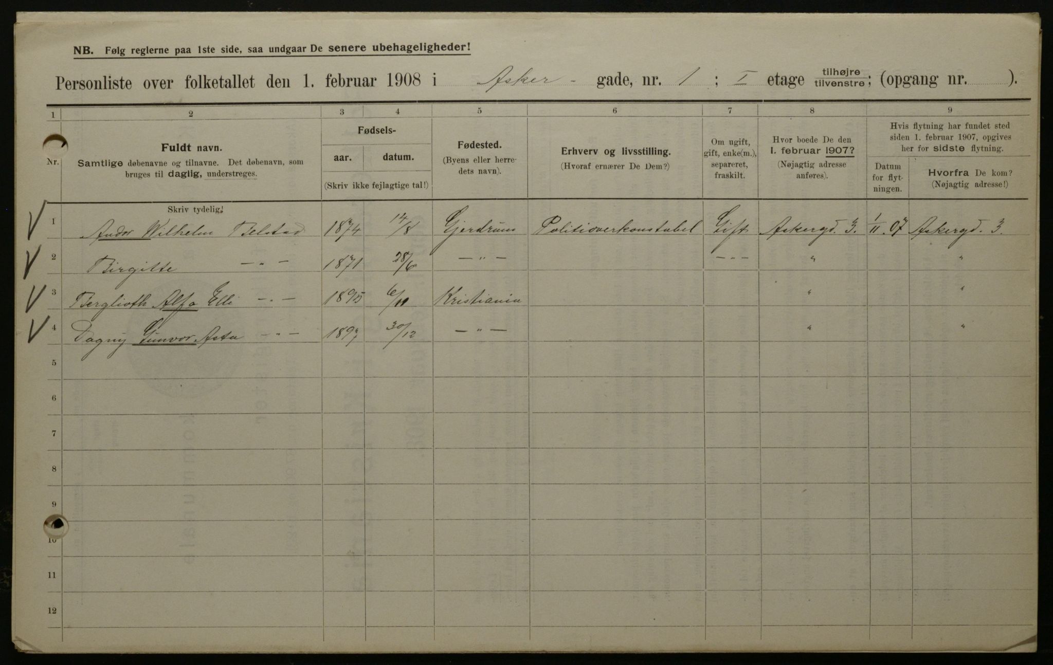 OBA, Municipal Census 1908 for Kristiania, 1908, p. 2605