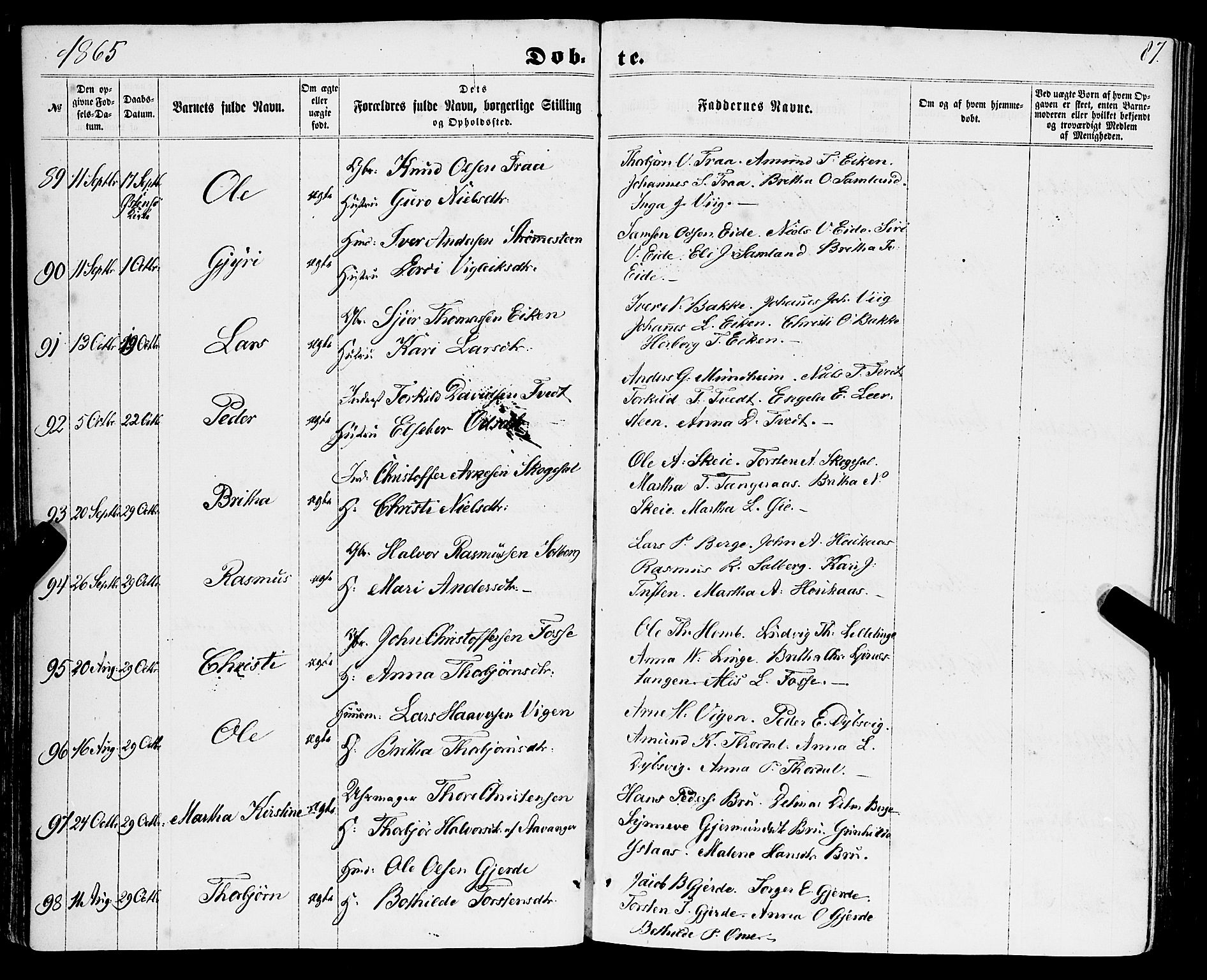 Strandebarm sokneprestembete, AV/SAB-A-78401/H/Haa: Parish register (official) no. A 8, 1858-1872, p. 87