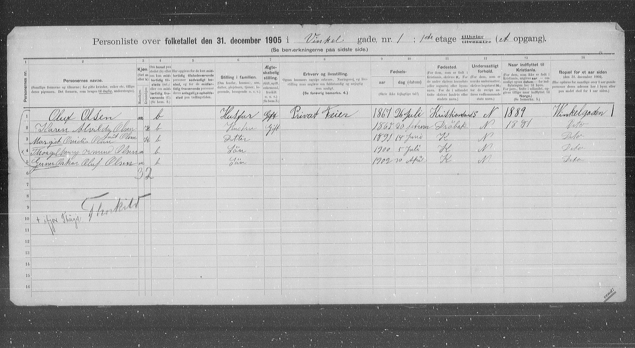 OBA, Municipal Census 1905 for Kristiania, 1905, p. 65253