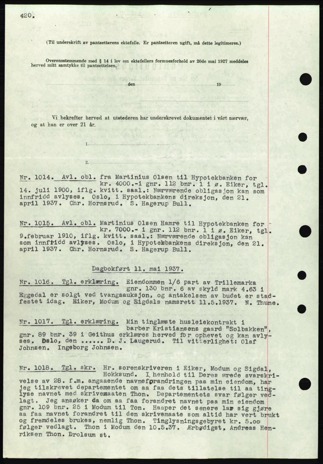 Eiker, Modum og Sigdal sorenskriveri, SAKO/A-123/G/Ga/Gab/L0035: Mortgage book no. A5, 1937-1937, Diary no: : 1014/1937