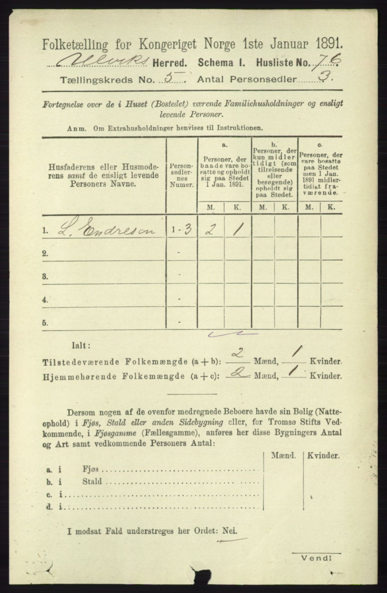 RA, 1891 census for 1233 Ulvik, 1891, p. 1398
