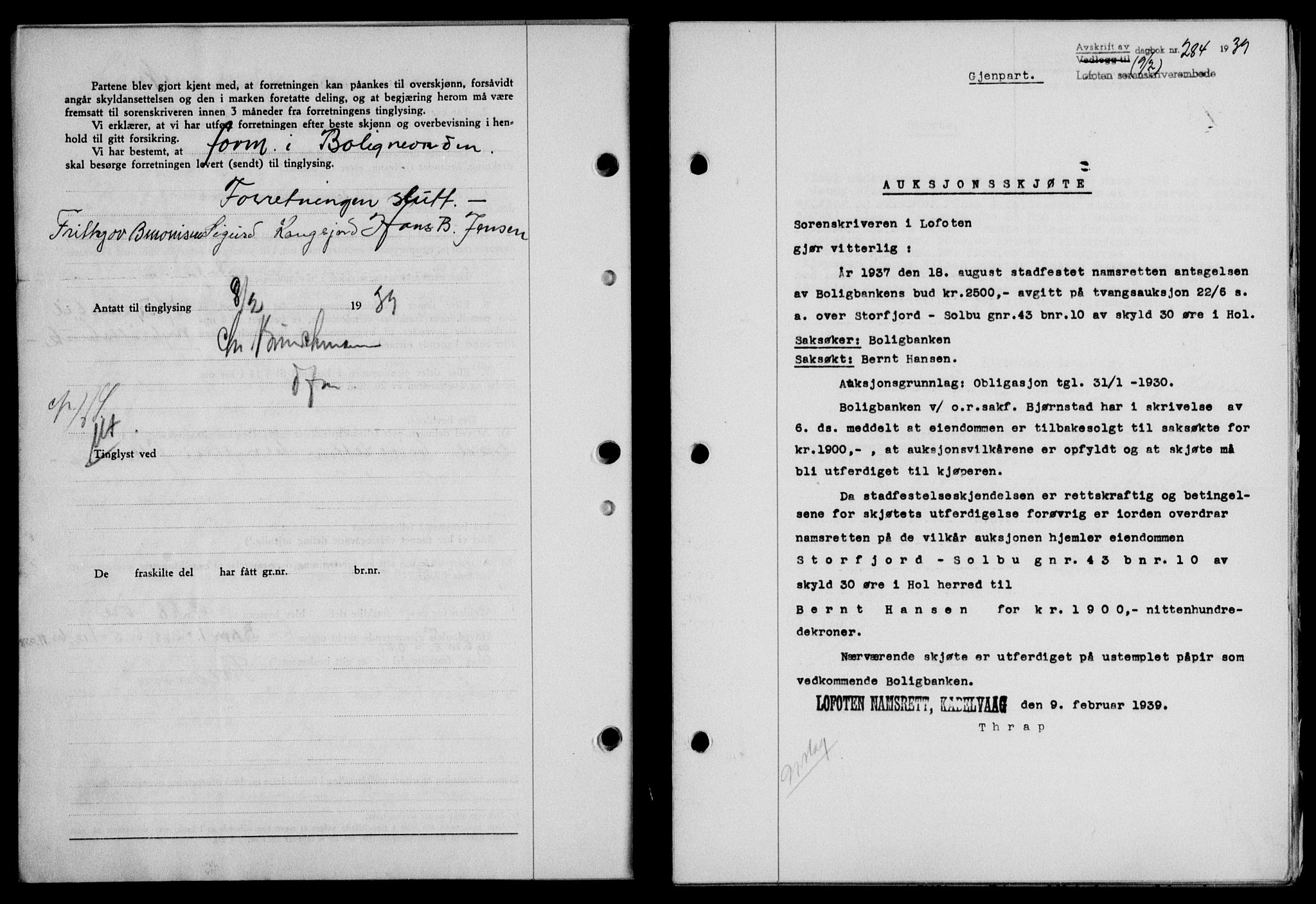 Lofoten sorenskriveri, SAT/A-0017/1/2/2C/L0005a: Mortgage book no. 5a, 1939-1939, Diary no: : 284/1939