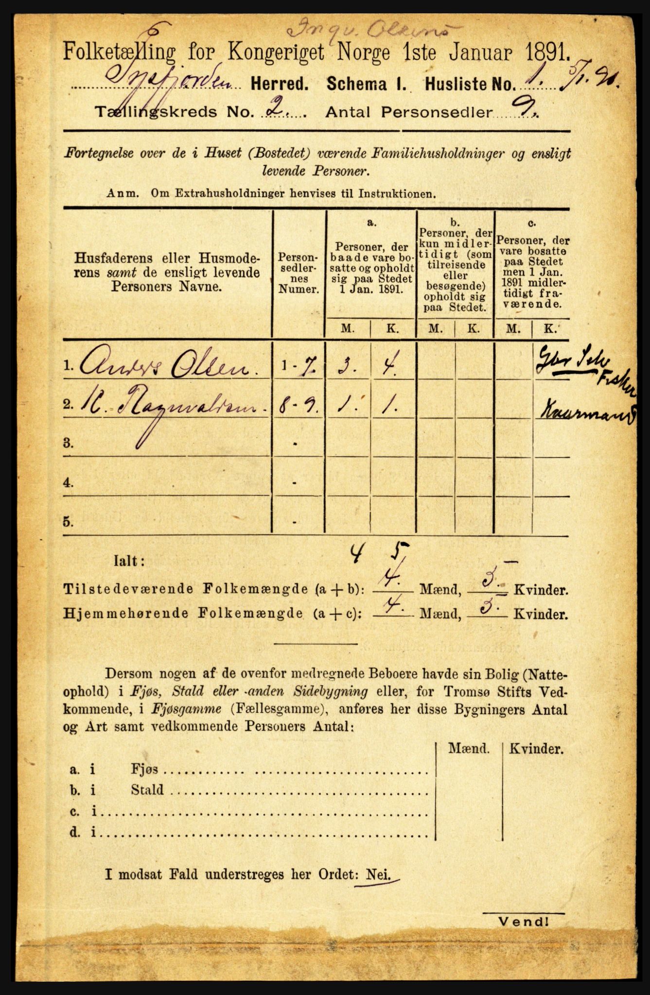 RA, 1891 census for 1850 Tysfjord, 1891, p. 491