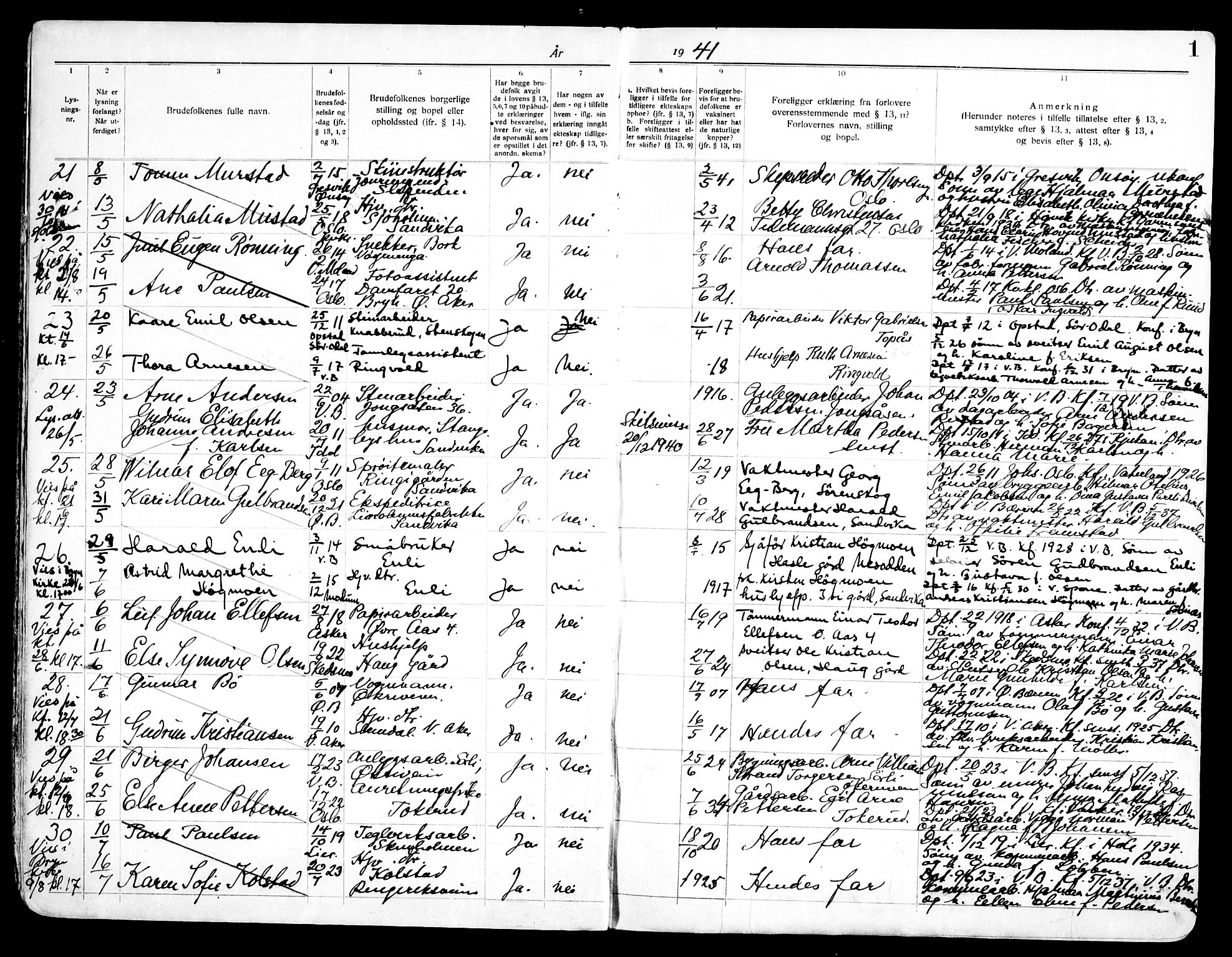 Vestre Bærum prestekontor Kirkebøker, AV/SAO-A-10209a/H/L0002: Banns register no. 2, 1941-1956, p. 1