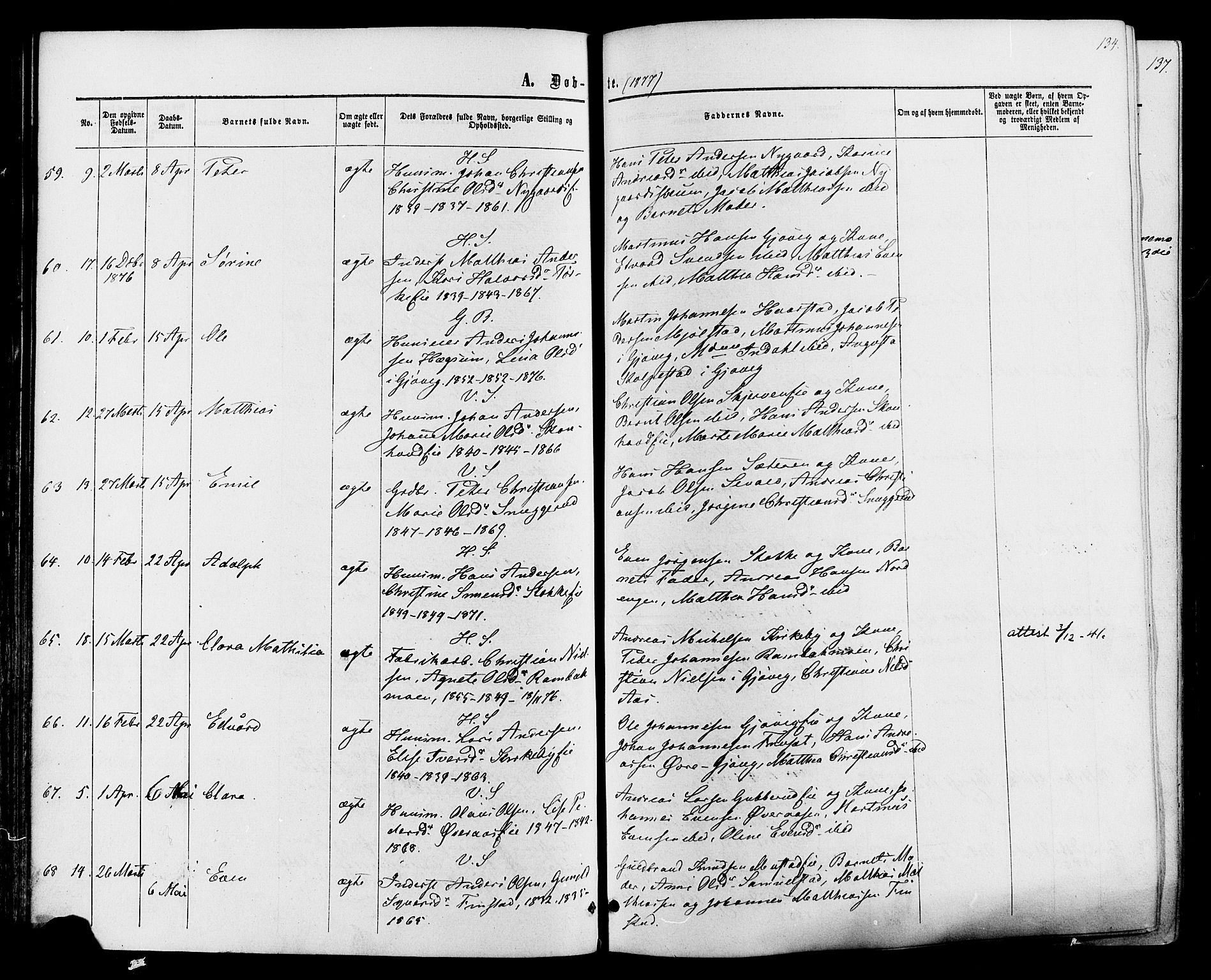 Vardal prestekontor, AV/SAH-PREST-100/H/Ha/Haa/L0007: Parish register (official) no. 7, 1867-1878, p. 134