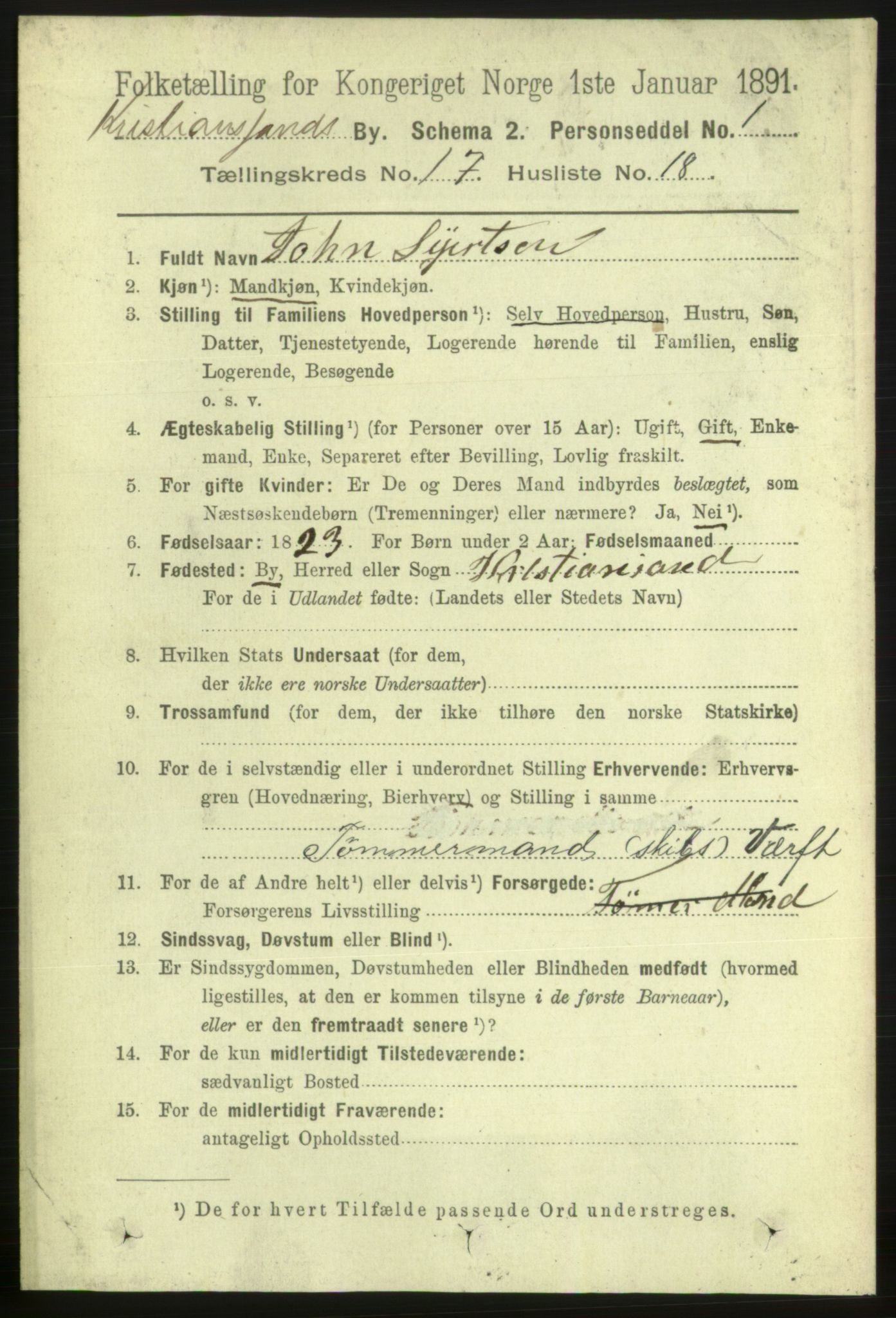 RA, 1891 census for 1001 Kristiansand, 1891, p. 6891