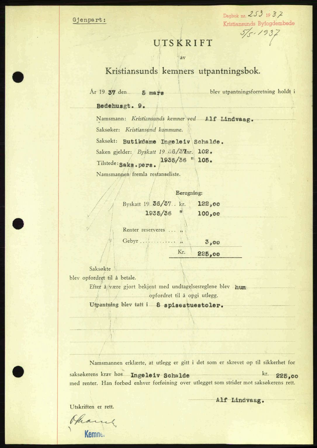 Kristiansund byfogd, AV/SAT-A-4587/A/27: Mortgage book no. 29, 1936-1937, Diary no: : 253/1937