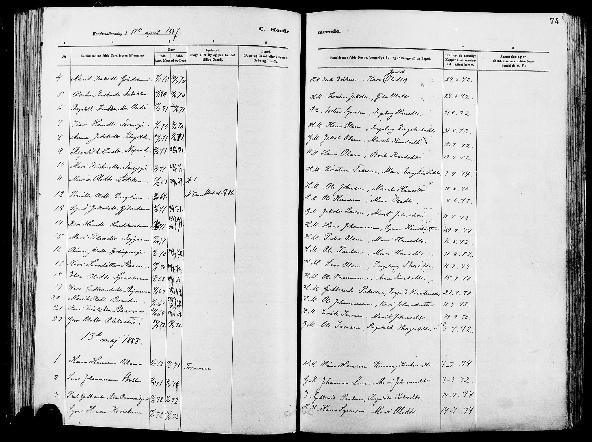 Vågå prestekontor, AV/SAH-PREST-076/H/Ha/Haa/L0008: Parish register (official) no. 8, 1886-1904, p. 74