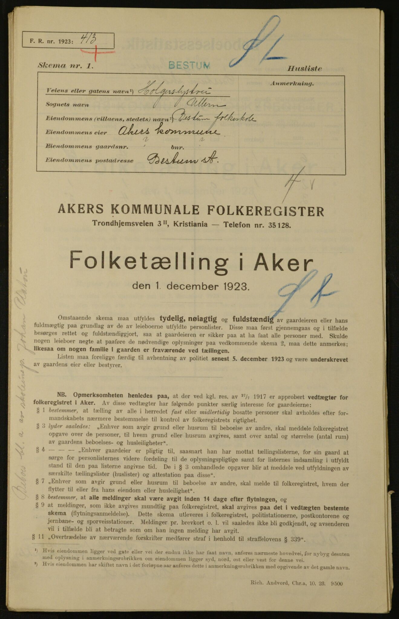 , Municipal Census 1923 for Aker, 1923, p. 2574