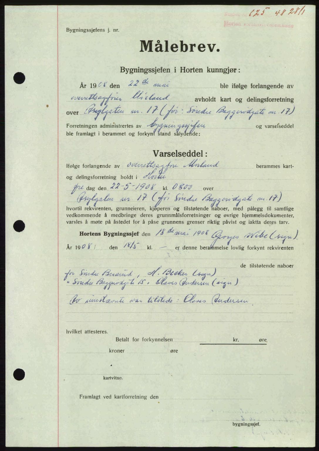 Horten sorenskriveri, AV/SAKO-A-133/G/Ga/Gaa/L0010: Mortgage book no. A-10, 1947-1948, Diary no: : 125/1948