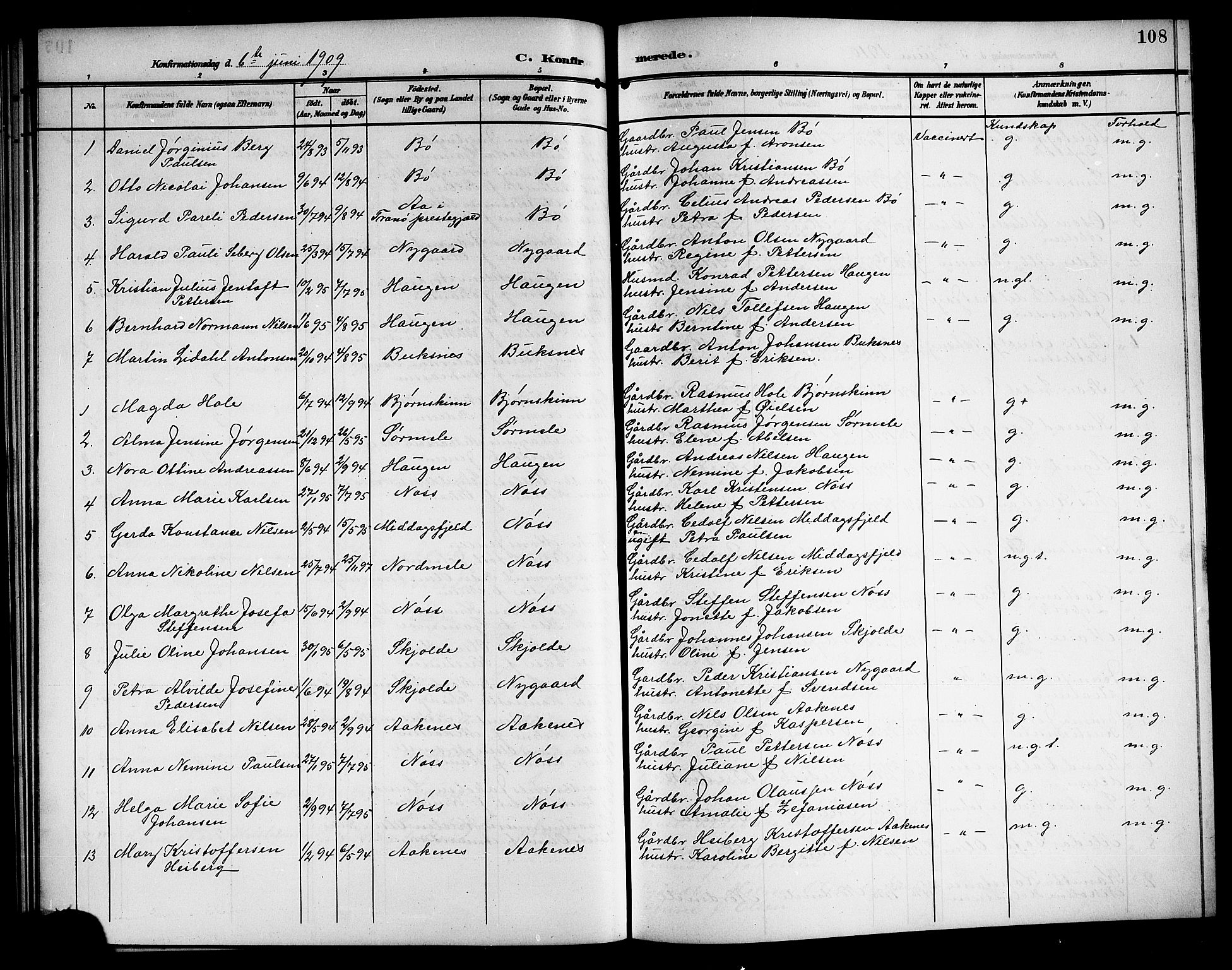 Ministerialprotokoller, klokkerbøker og fødselsregistre - Nordland, AV/SAT-A-1459/897/L1414: Parish register (copy) no. 897C04, 1904-1915, p. 108