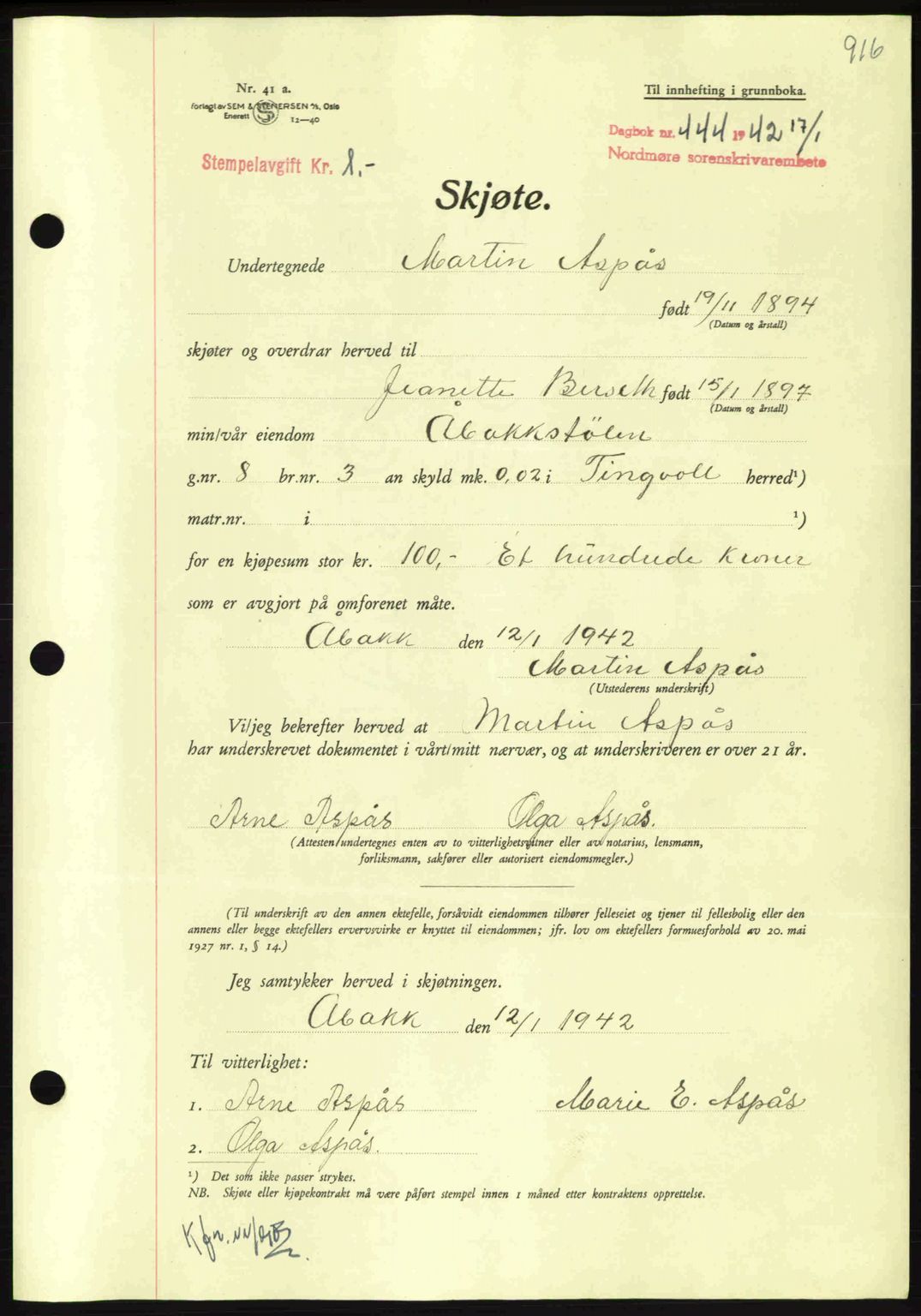 Nordmøre sorenskriveri, AV/SAT-A-4132/1/2/2Ca: Mortgage book no. A91, 1941-1942, Diary no: : 444/1942