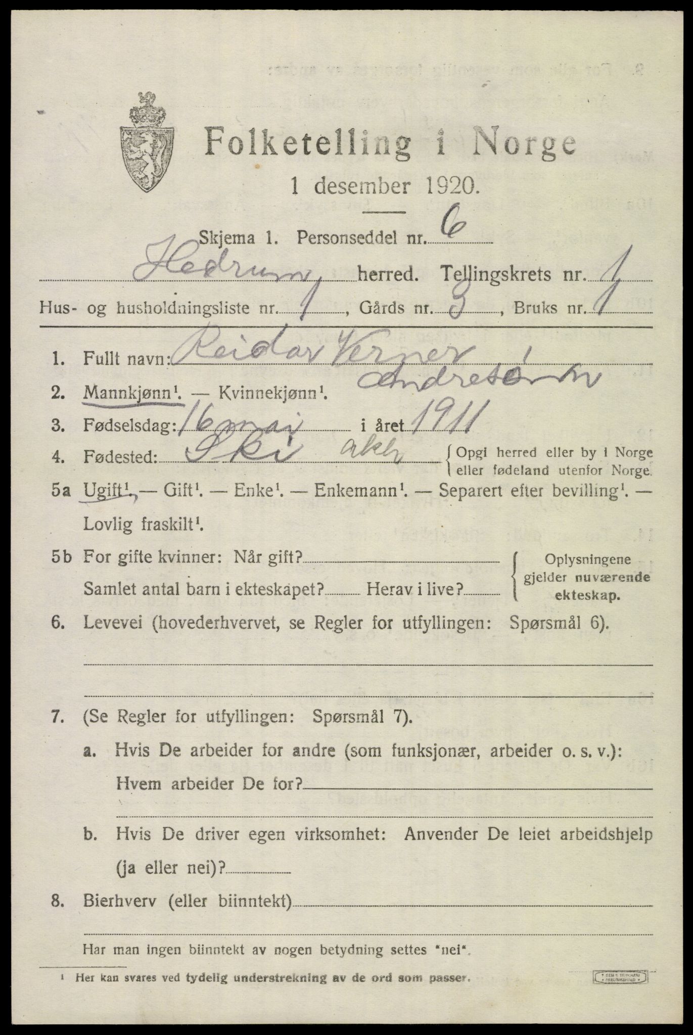 SAKO, 1920 census for Hedrum, 1920, p. 1797