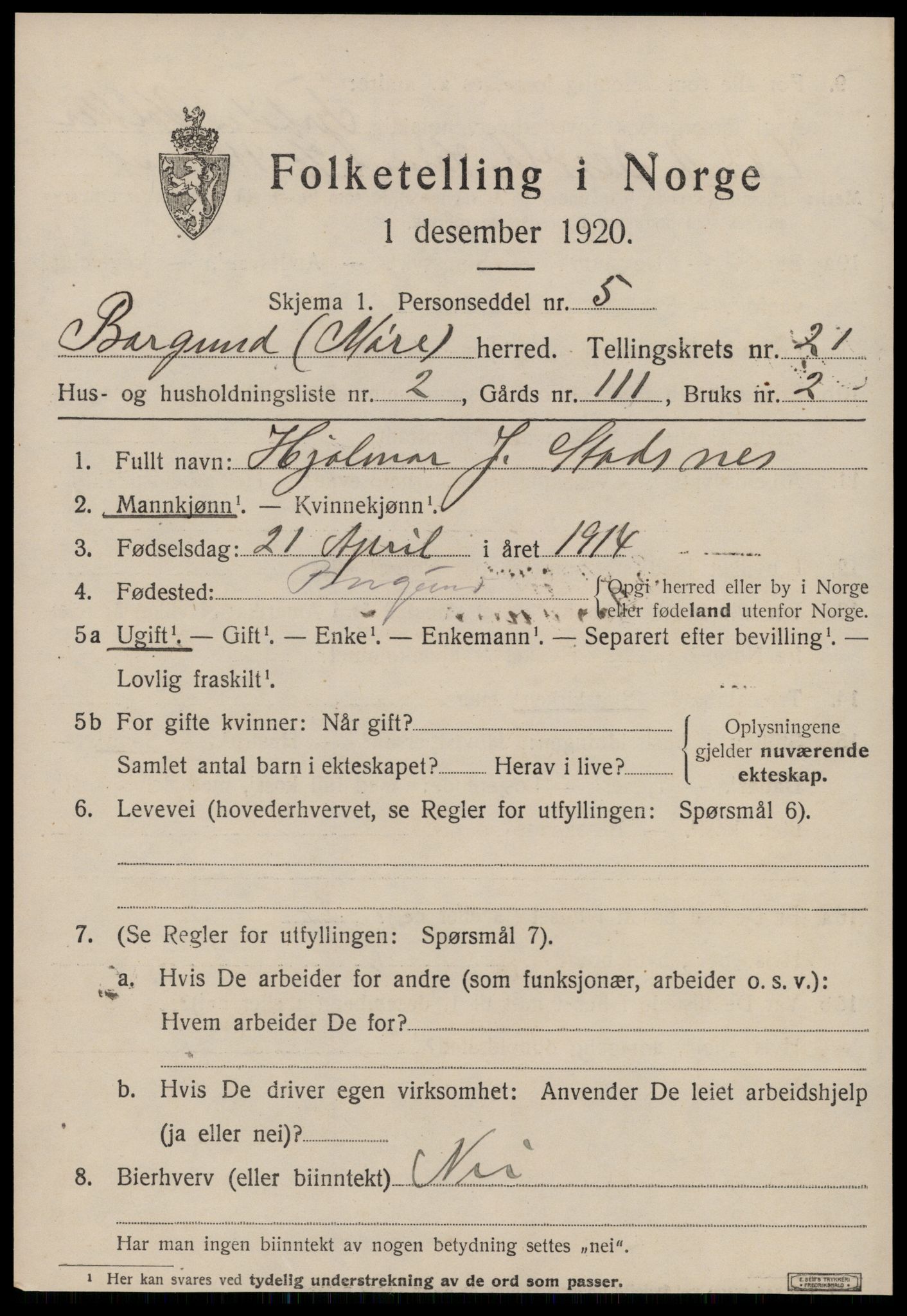 SAT, 1920 census for Borgund, 1920, p. 14316