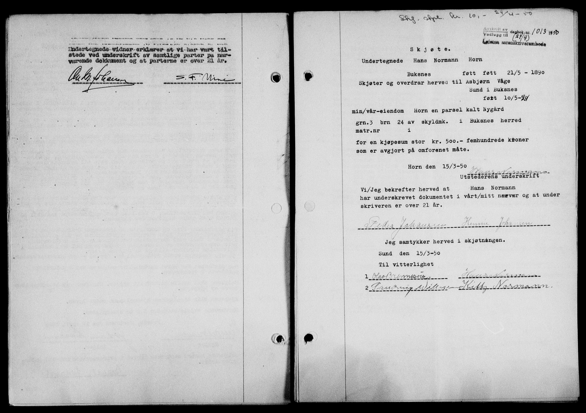 Lofoten sorenskriveri, SAT/A-0017/1/2/2C/L0023a: Mortgage book no. 23a, 1950-1950, Diary no: : 1013/1950