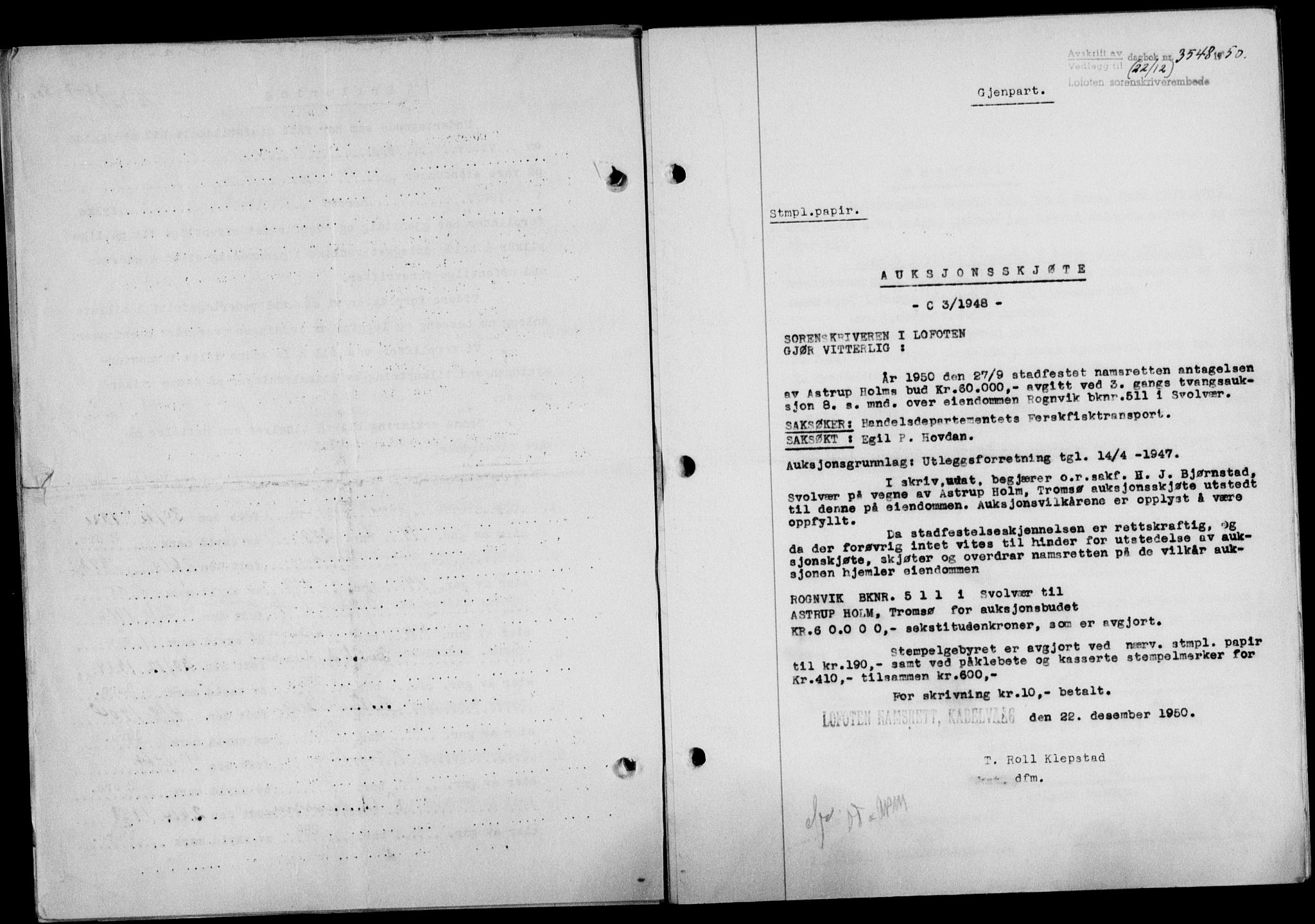 Lofoten sorenskriveri, SAT/A-0017/1/2/2C/L0025a: Mortgage book no. 25a, 1950-1951, Diary no: : 3548/1950