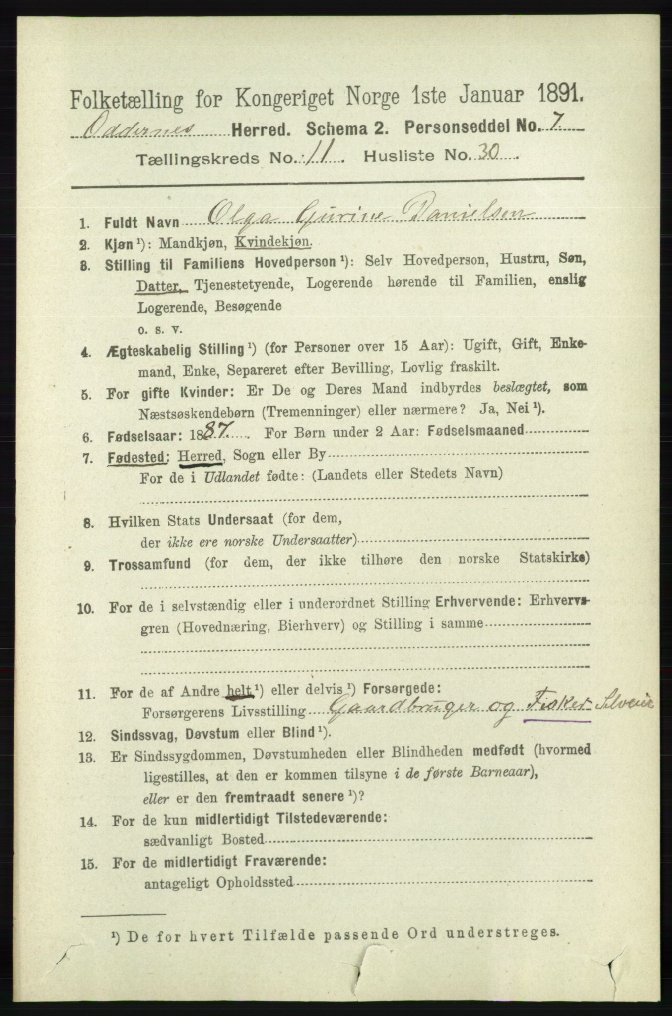 RA, 1891 census for 1012 Oddernes, 1891, p. 4304