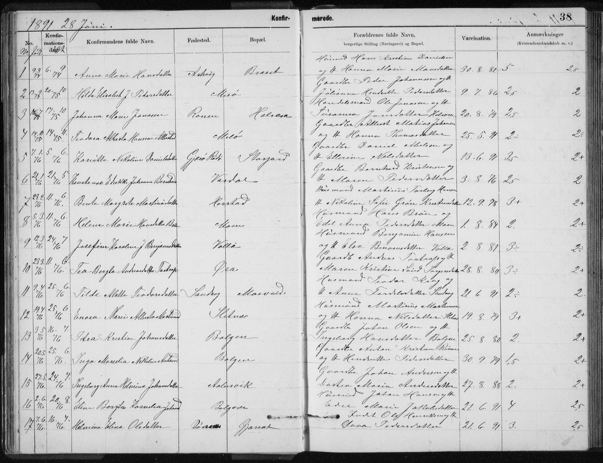 Ministerialprotokoller, klokkerbøker og fødselsregistre - Nordland, SAT/A-1459/843/L0637: Parish register (copy) no. 843C06, 1884-1908, p. 38