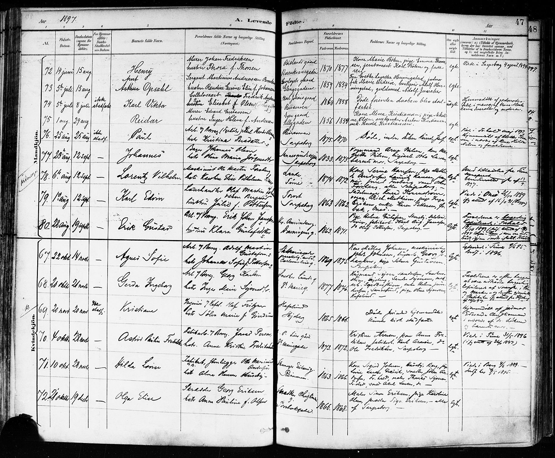 Sarpsborg prestekontor Kirkebøker, AV/SAO-A-2006/F/Fa/L0004: Parish register (official) no. 4, 1892-1899, p. 47