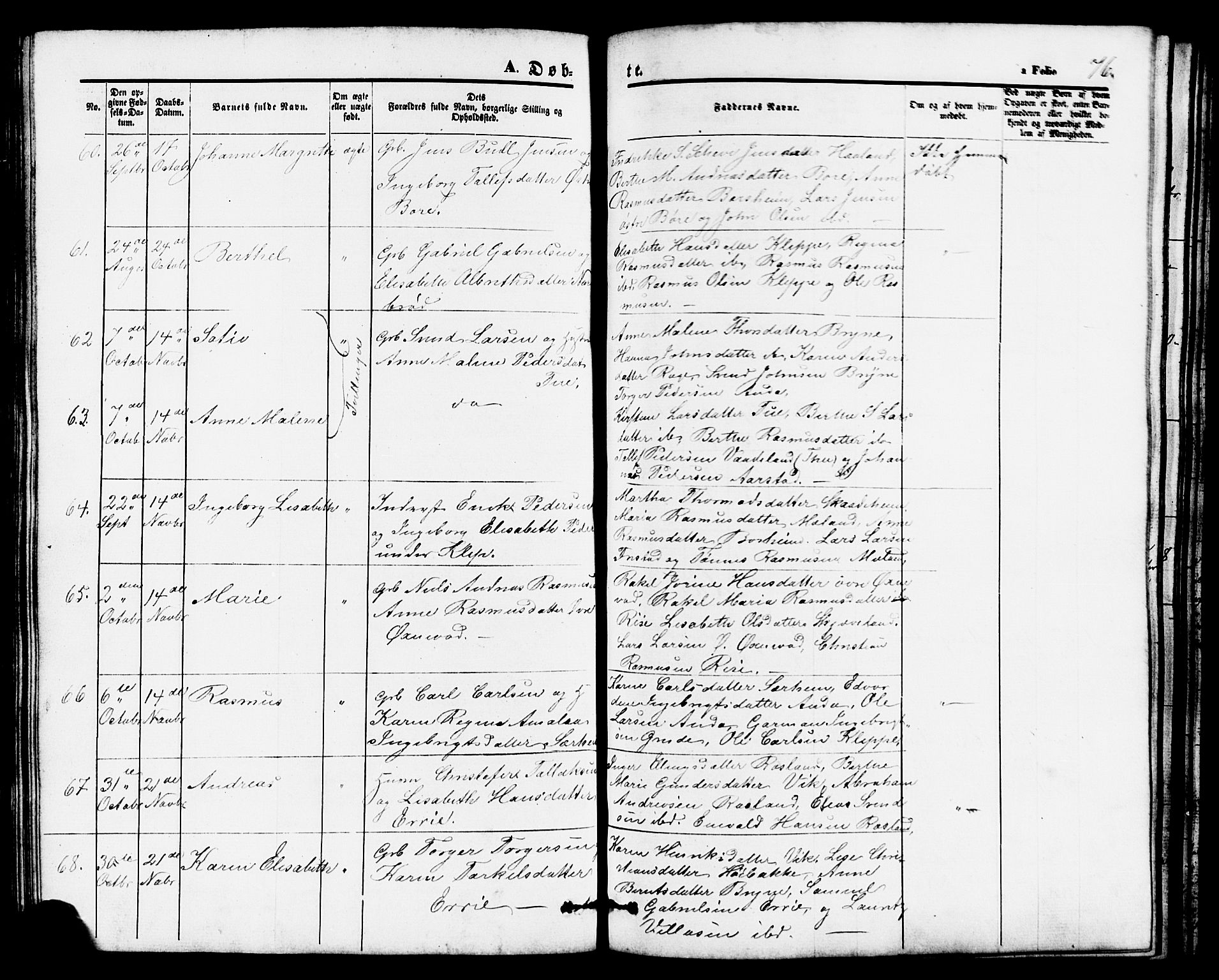 Klepp sokneprestkontor, AV/SAST-A-101803/001/3/30BB/L0002: Parish register (copy) no. B 2, 1860-1875, p. 76
