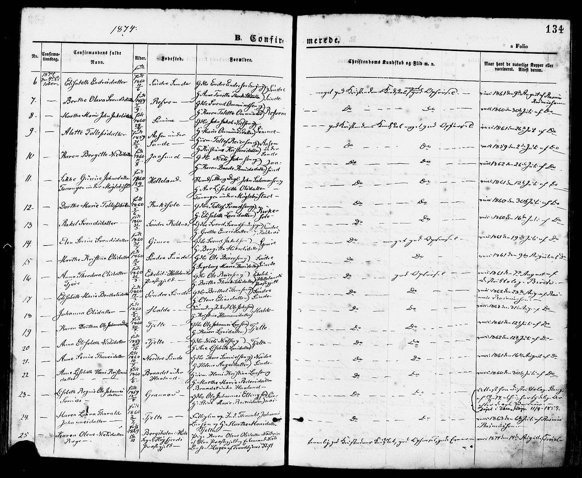 Håland sokneprestkontor, AV/SAST-A-101802/001/30BA/L0009: Parish register (official) no. A 8, 1871-1882, p. 134