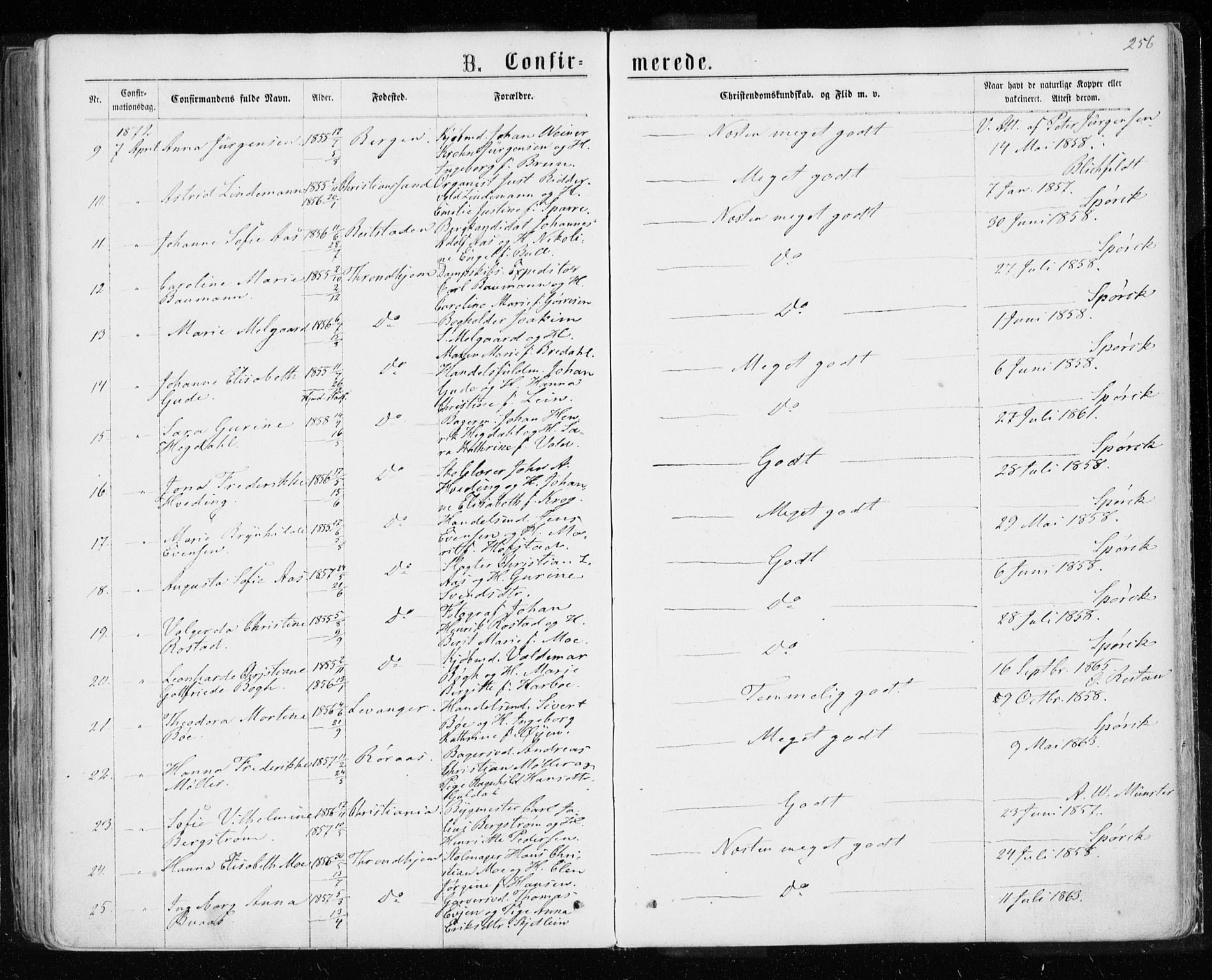 Ministerialprotokoller, klokkerbøker og fødselsregistre - Sør-Trøndelag, AV/SAT-A-1456/601/L0054: Parish register (official) no. 601A22, 1866-1877, p. 256