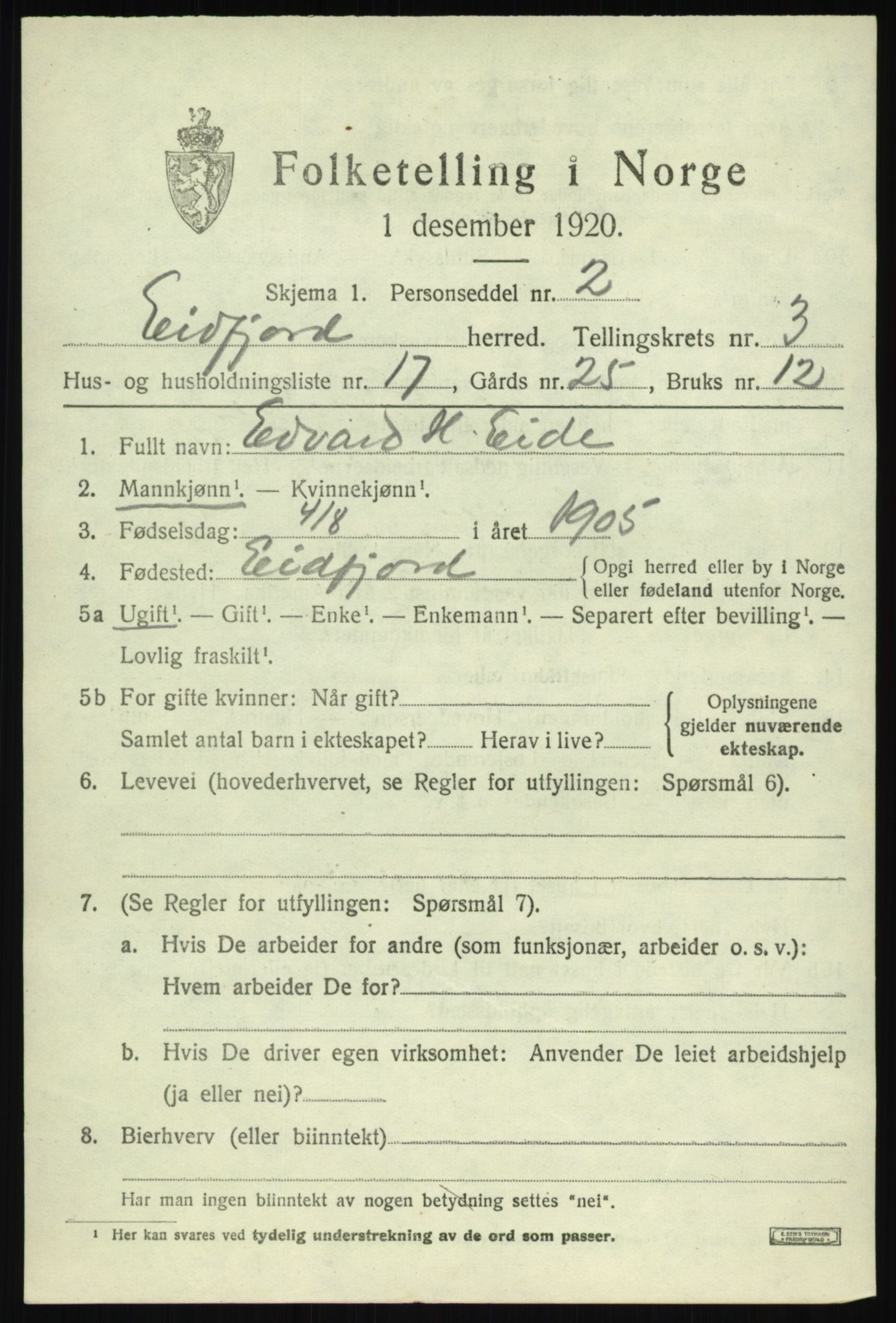 SAB, 1920 census for Eidfjord, 1920, p. 1190