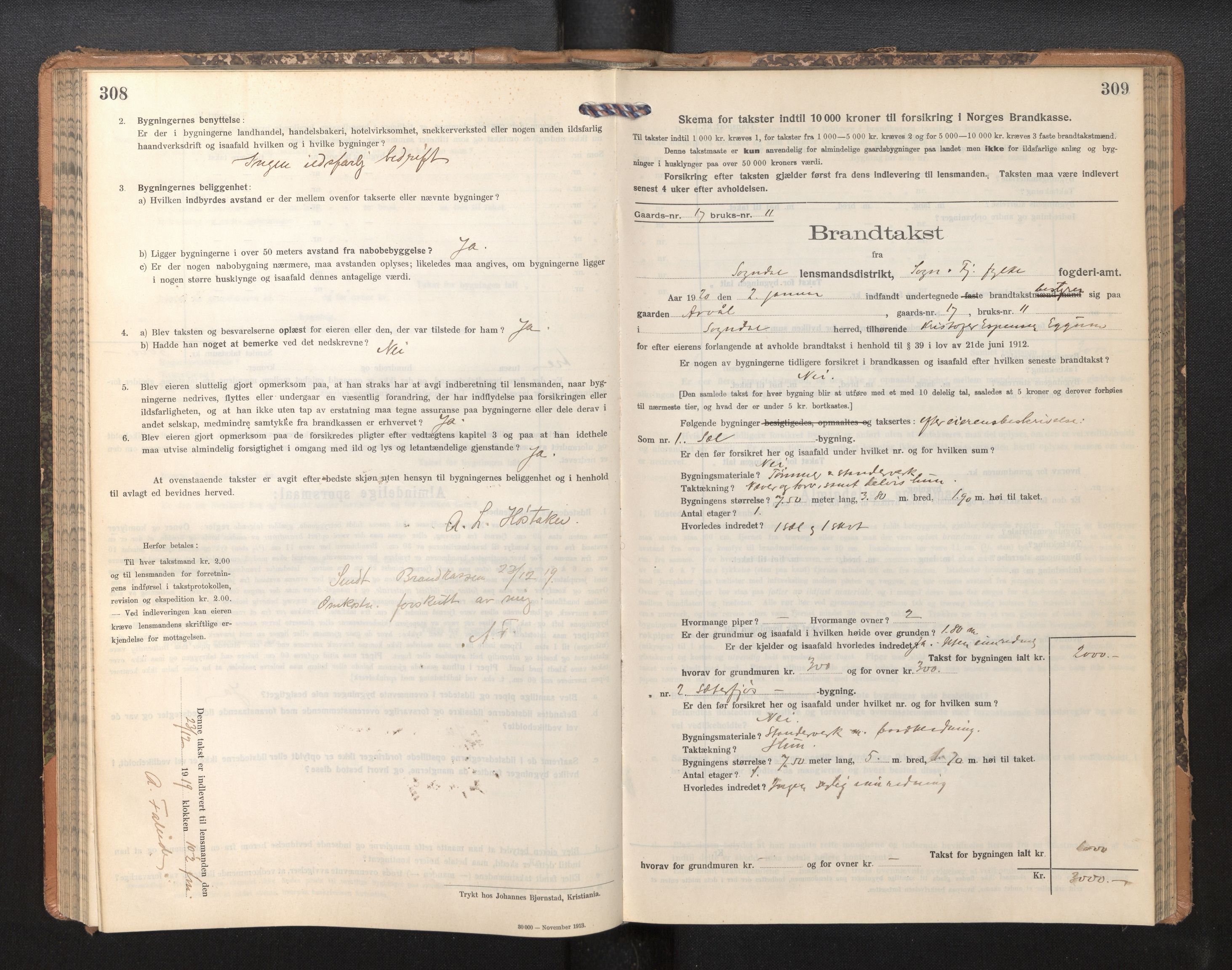 Lensmannen i Sogndal, SAB/A-29901/0012/L0011: Branntakstprotokoll, skjematakst, 1914-1922, p. 308-309