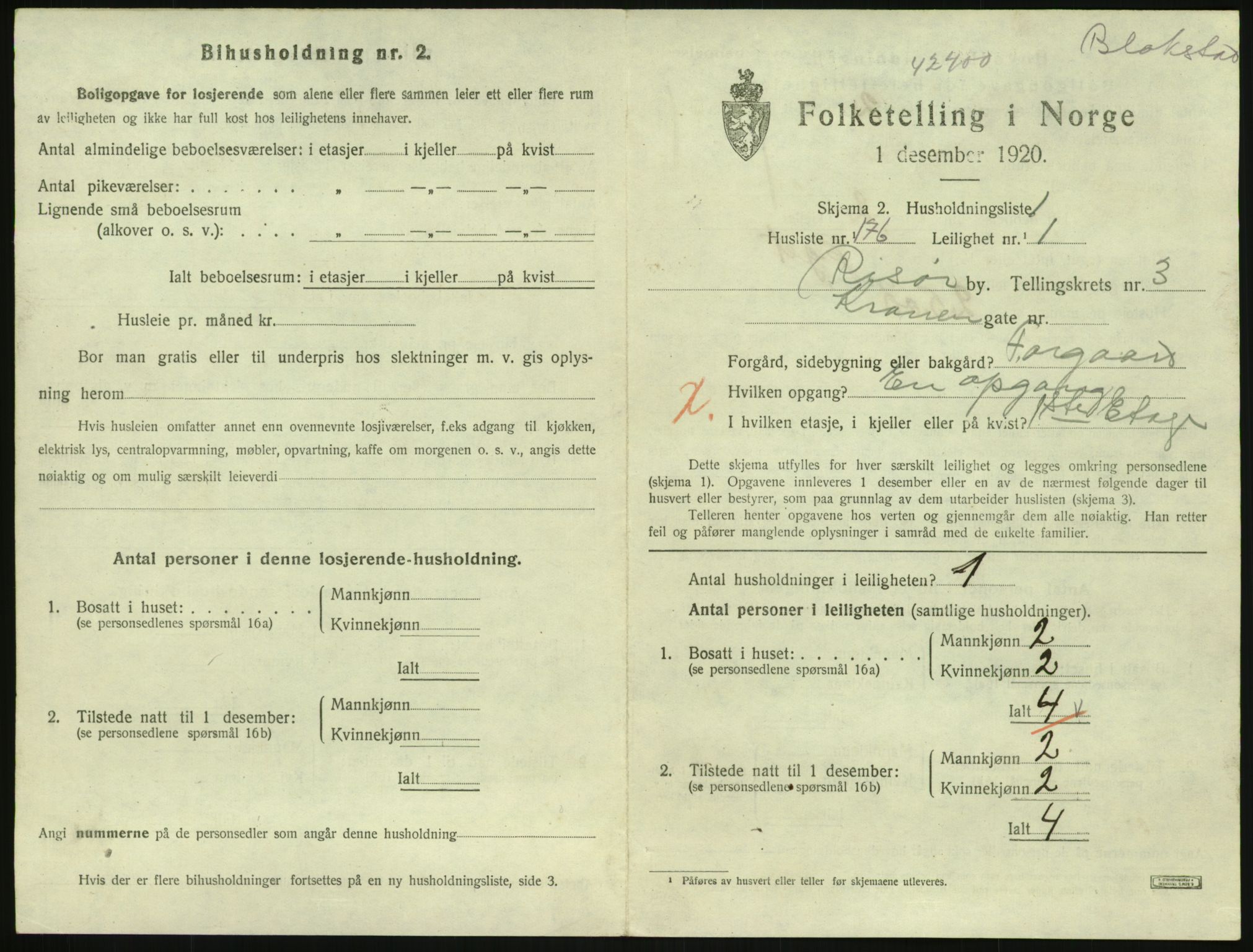 SAK, 1920 census for Risør, 1920, p. 3011