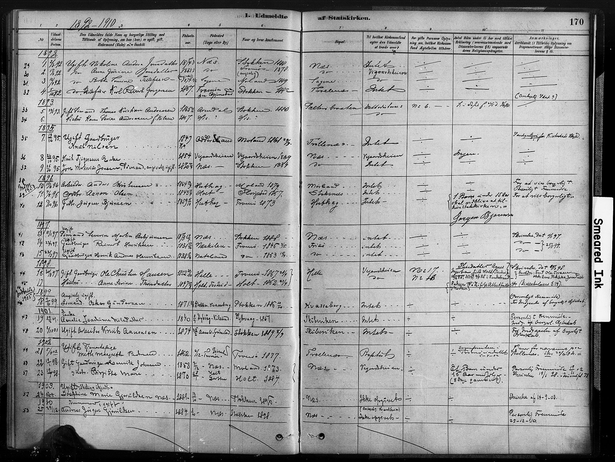 Austre Moland sokneprestkontor, SAK/1111-0001/F/Fa/Fab/L0001: Parish register (official) no. A 1, 1878-1898, p. 170