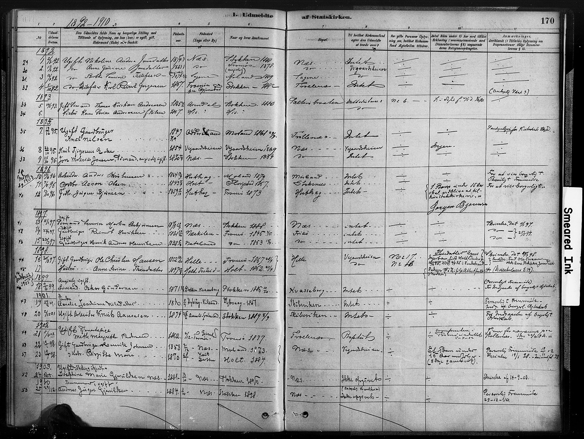 Austre Moland sokneprestkontor, AV/SAK-1111-0001/F/Fa/Fab/L0001: Parish register (official) no. A 1, 1878-1898, p. 170