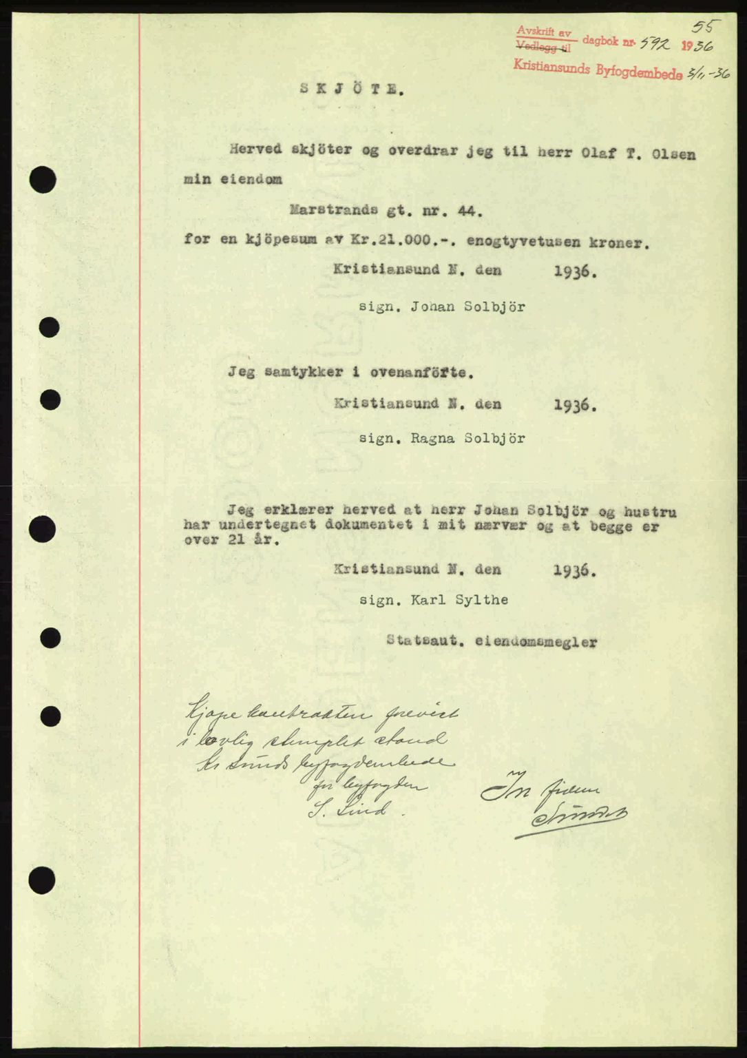 Kristiansund byfogd, AV/SAT-A-4587/A/27: Mortgage book no. 30, 1936-1941, Diary no: : 592/1936