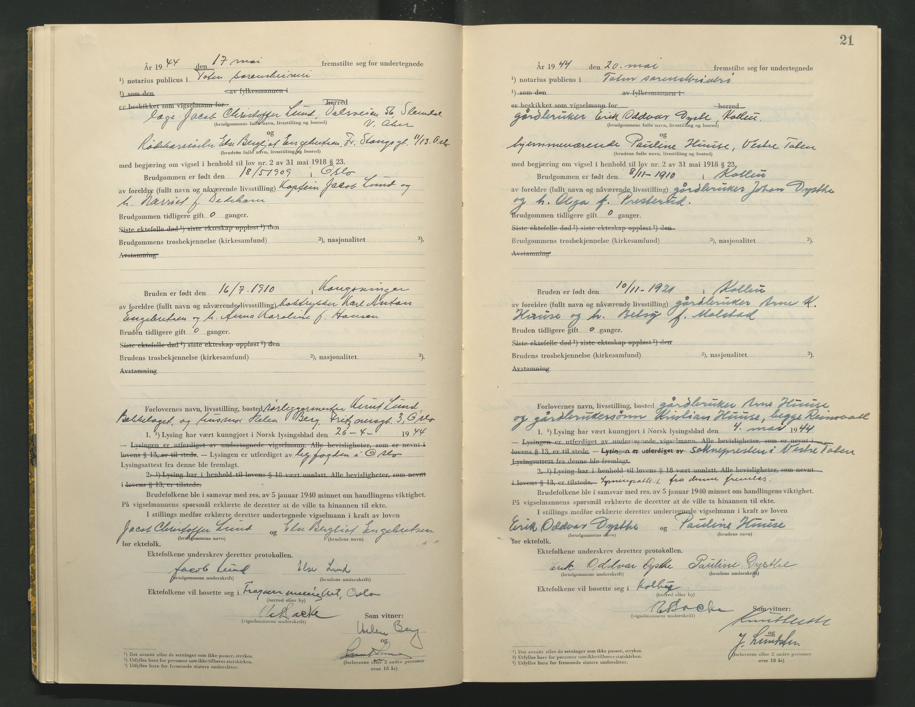 Toten tingrett, AV/SAH-TING-006/L/Lc/L0004: Vigselbok, 1944, p. 21
