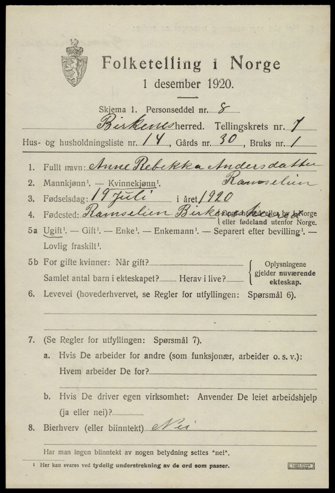 SAK, 1920 census for Birkenes, 1920, p. 4121