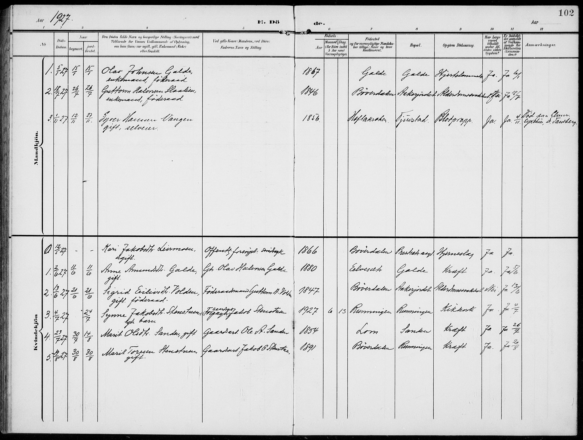 Lom prestekontor, AV/SAH-PREST-070/L/L0007: Parish register (copy) no. 7, 1904-1938, p. 102