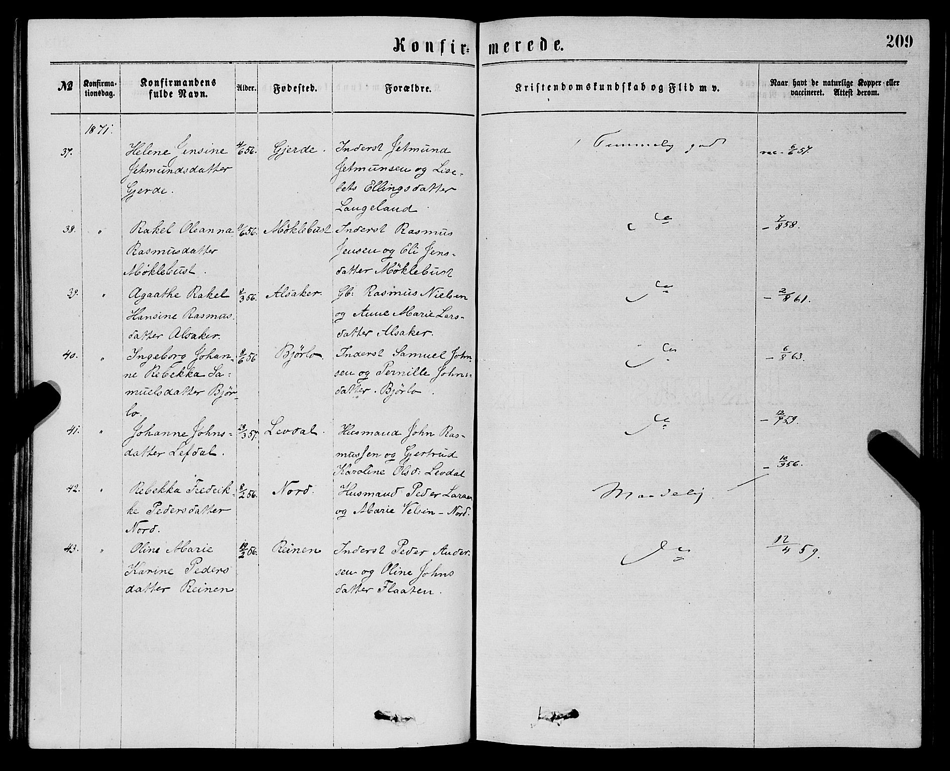 Eid sokneprestembete, AV/SAB-A-82301/H/Haa/Haaa/L0010: Parish register (official) no. A 10, 1867-1878, p. 209