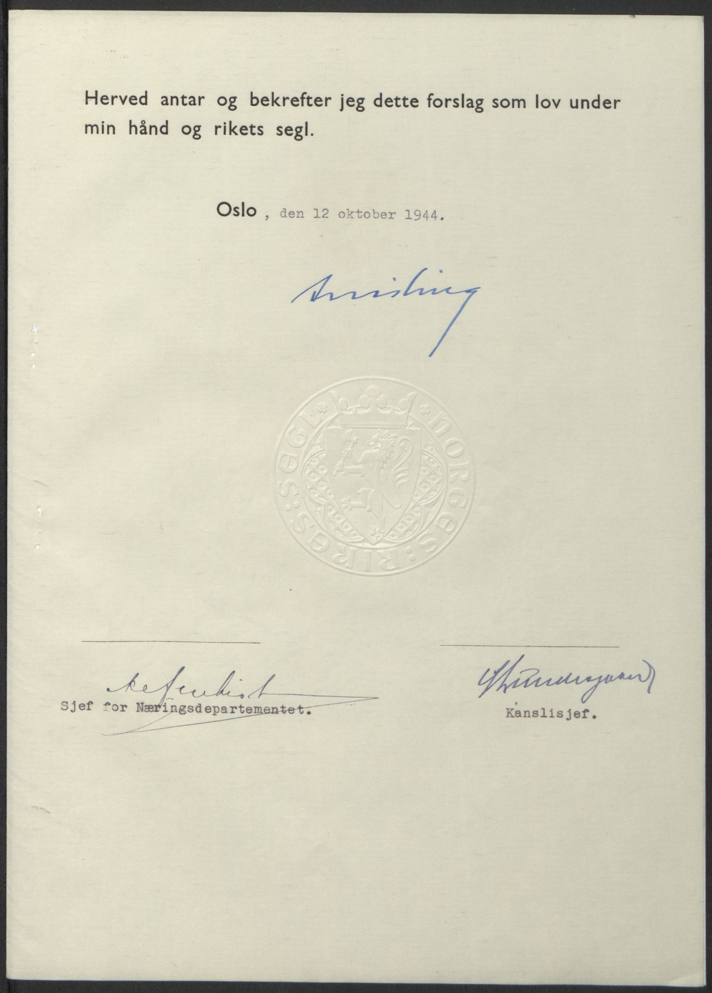 NS-administrasjonen 1940-1945 (Statsrådsekretariatet, de kommisariske statsråder mm), AV/RA-S-4279/D/Db/L0100: Lover, 1944, p. 496