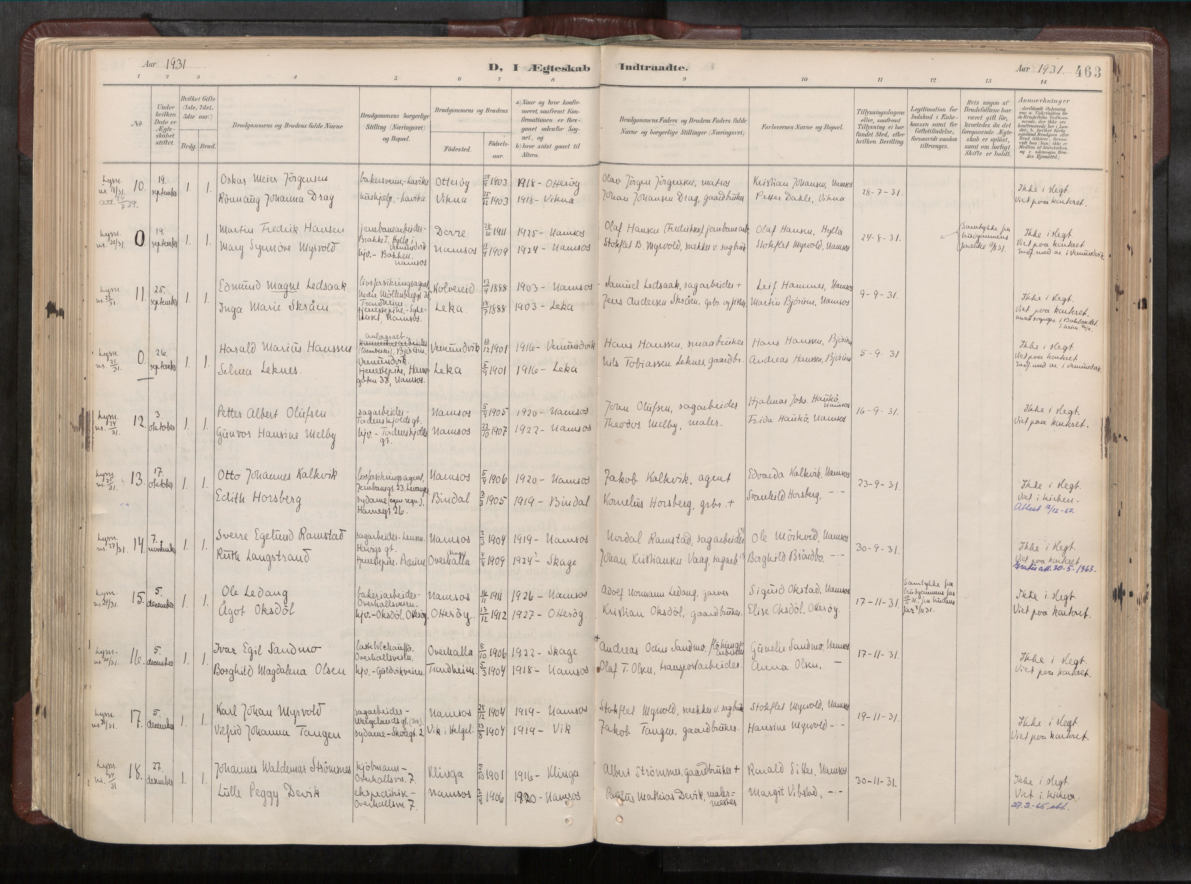 Ministerialprotokoller, klokkerbøker og fødselsregistre - Nord-Trøndelag, SAT/A-1458/768/L0579a: Parish register (official) no. 768A14, 1887-1931, p. 463