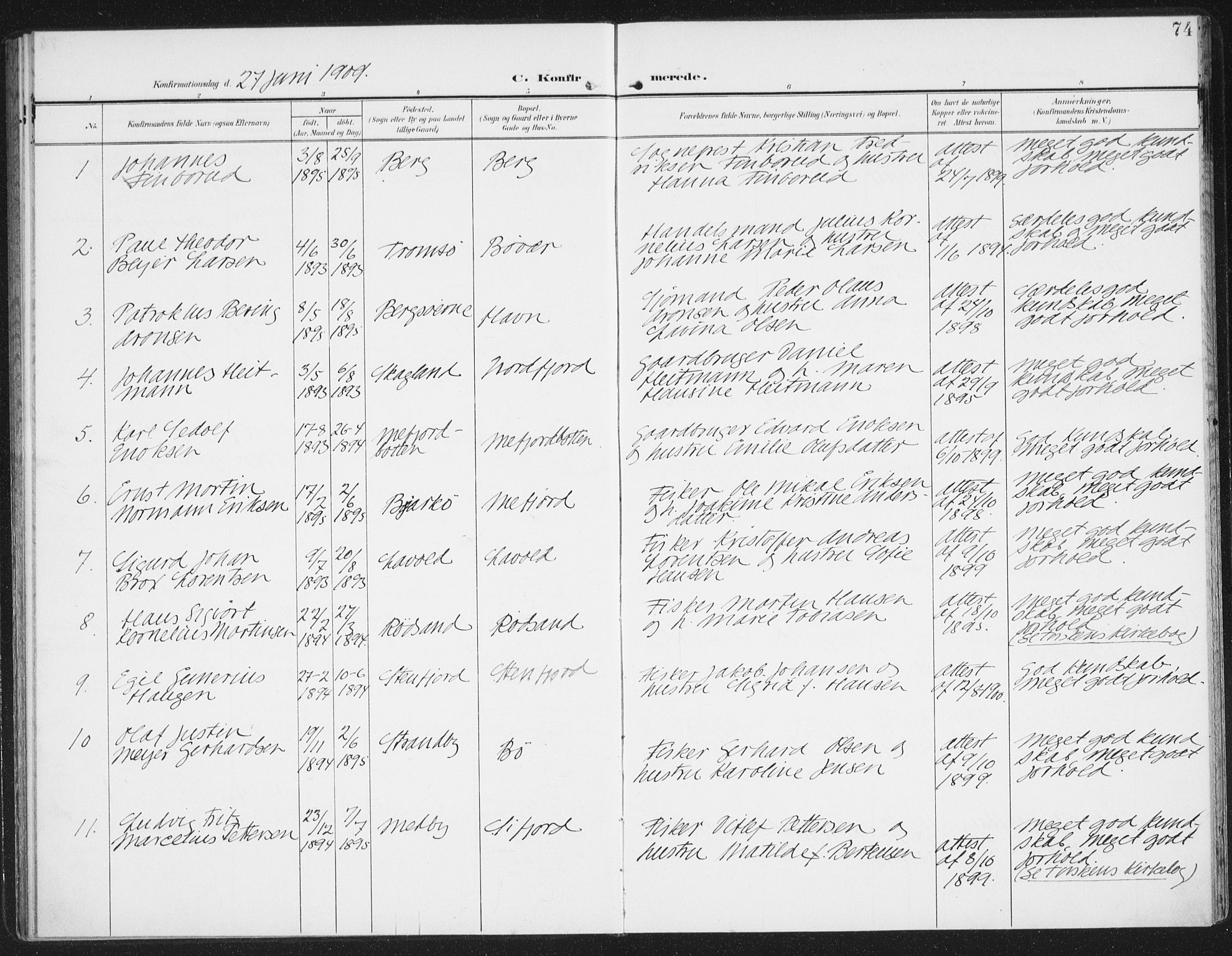 Berg sokneprestkontor, SATØ/S-1318/G/Ga/Gaa/L0007kirke: Parish register (official) no. 7, 1906-1915, p. 74